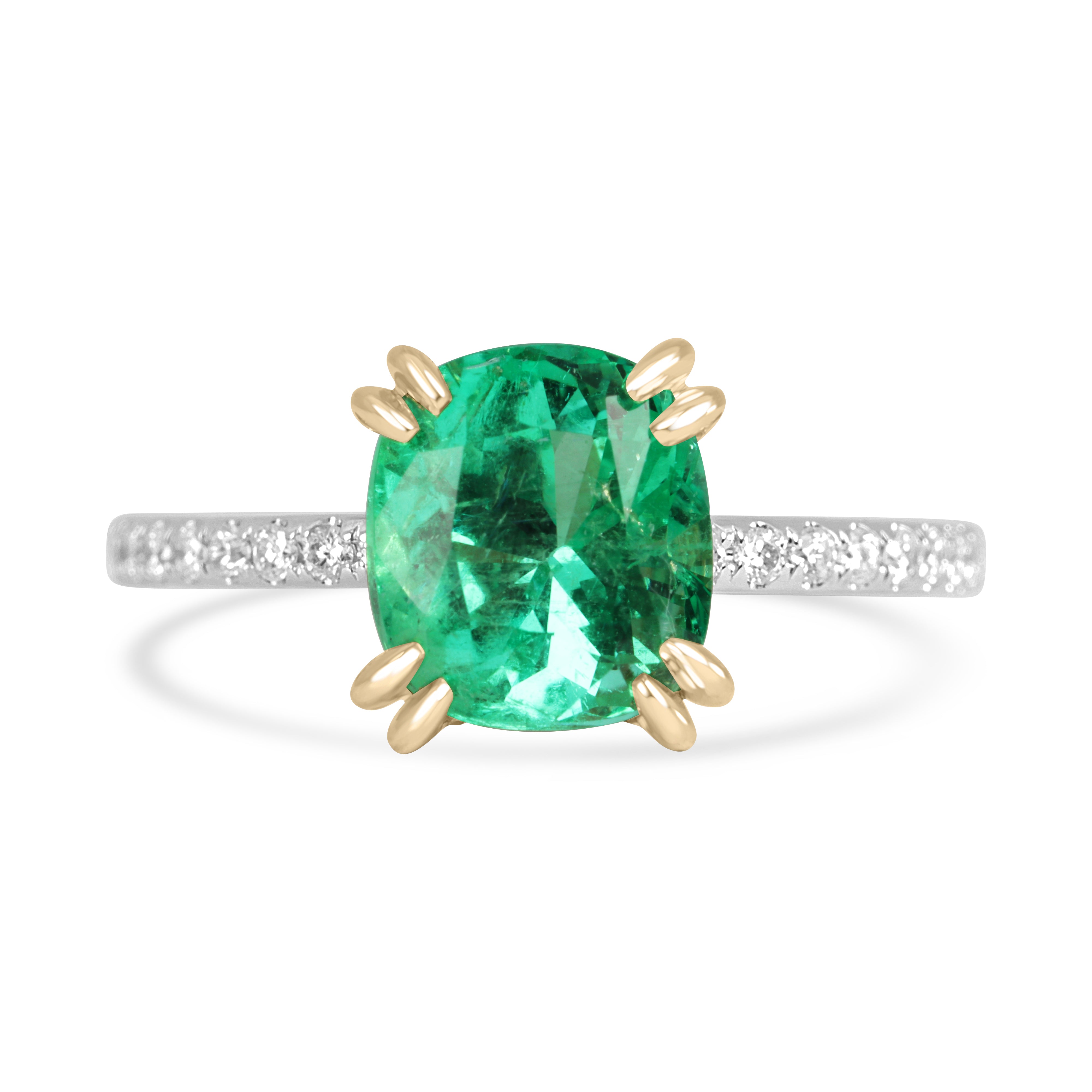 14K engagement ring with 2.58tcw cushion-cut natural emerald and diamond accents by JR Colombian Emeralds.
