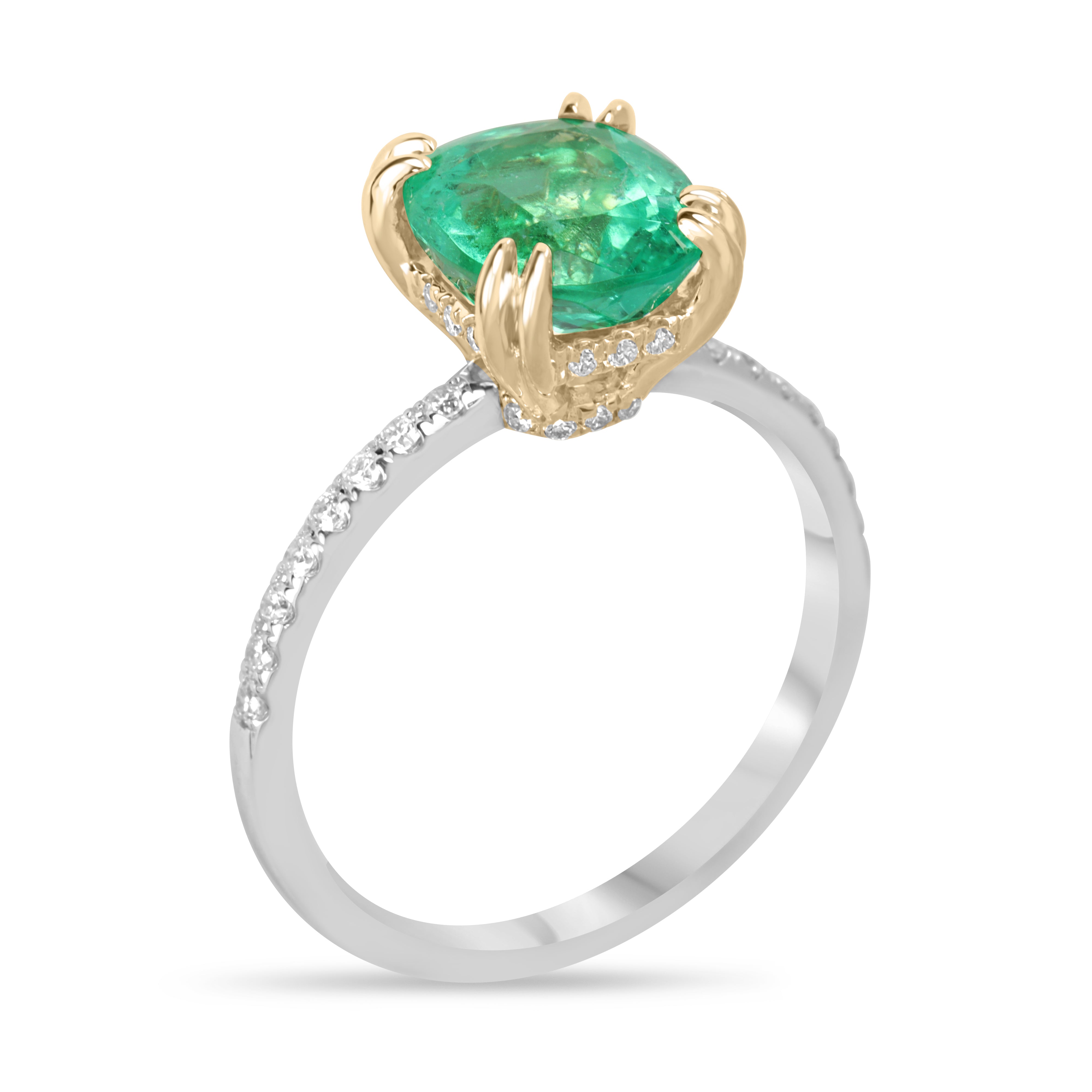 14K engagement ring with a 2.58 carat cushion-cut natural emerald and diamond accents by JR Colombian Emeralds.