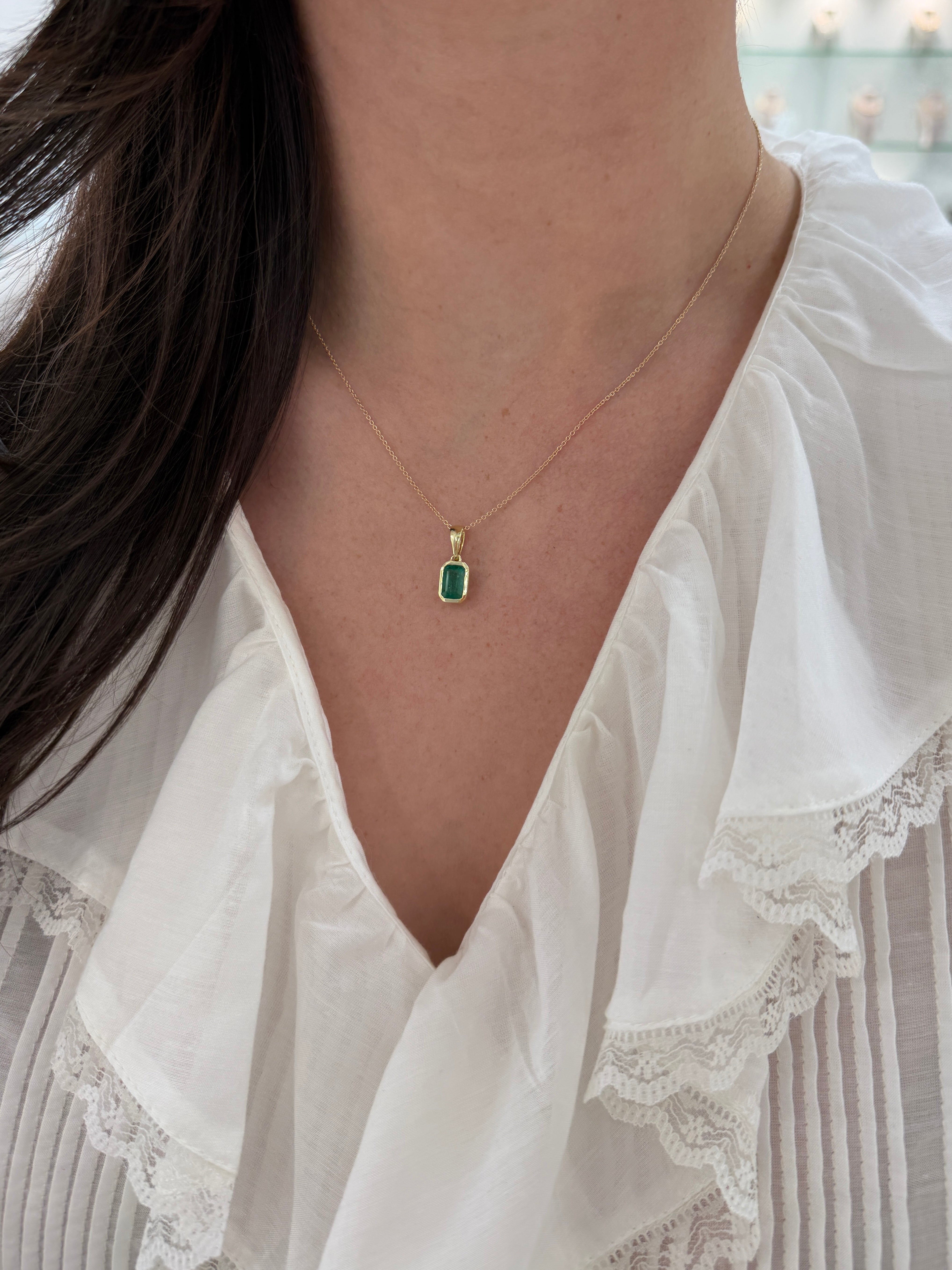 14K natural emerald bezel necklace with large bail, featuring a 1.80ct emerald pendant by JR Colombian Emeralds.