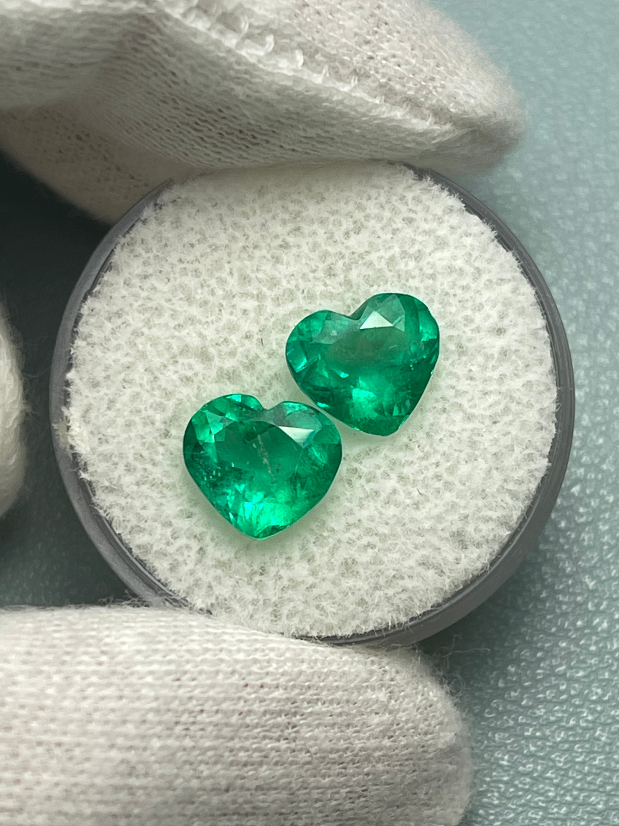 3.48tcw 8x9 Matching Emerald Hearts Vivid Muzo Green Natural Colombian Emeralds