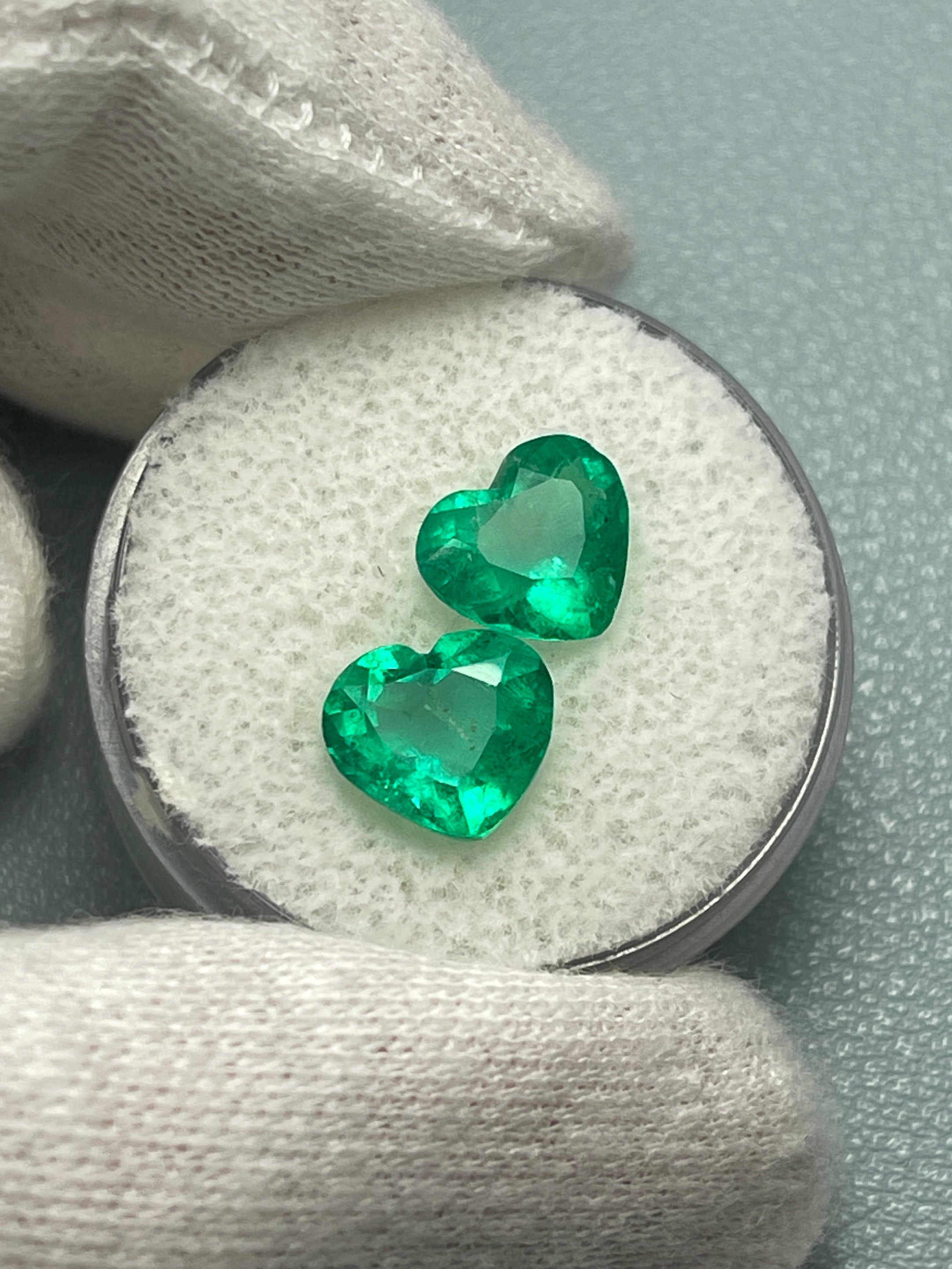 3.48tcw 8x9 Matching Emerald Hearts Vivid Muzo Green Natural Colombian Emeralds