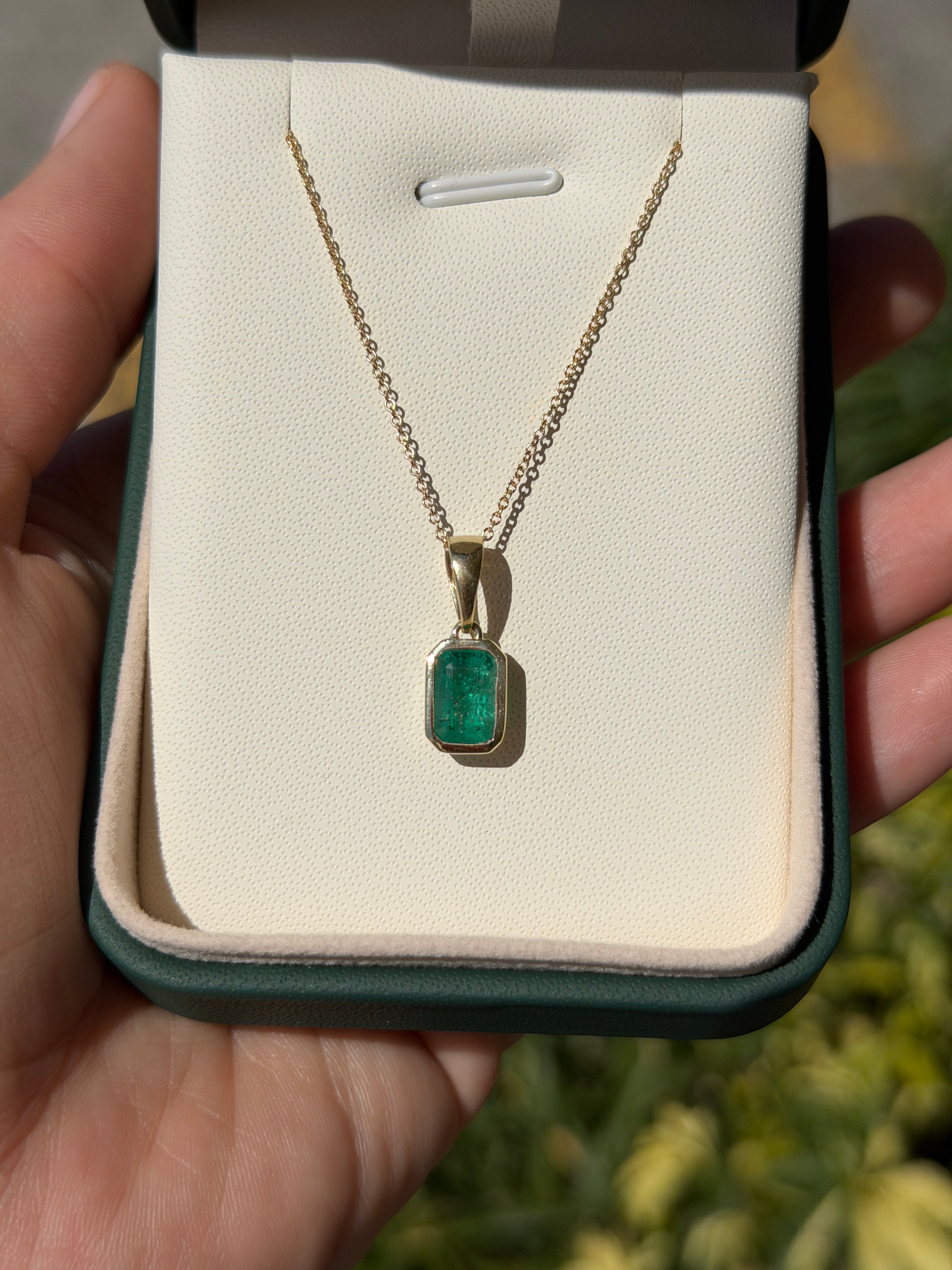 14K natural emerald bezel necklace with large bail, 1.80 carat emerald pendant from JR Colombian Emeralds.
