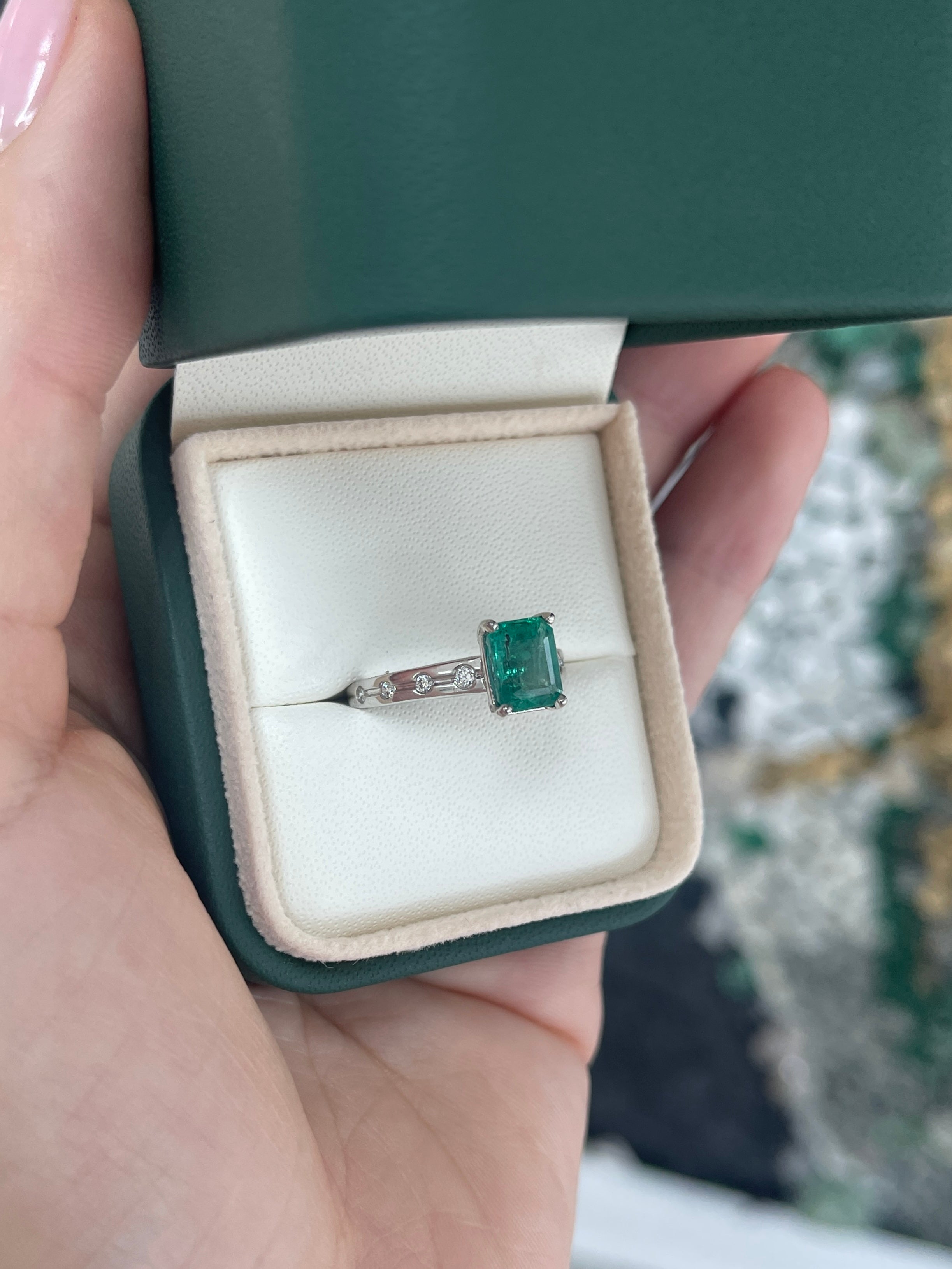 1.90tcw 14K Natural Emerald Cut Emerald & LAB Diamond Accent Right Hand Ring - JR Colombian Emeralds