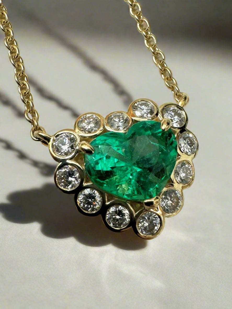 2.24tcw Vivid Colombian Emerald Heart & VS Diamond Halo Necklace 18K