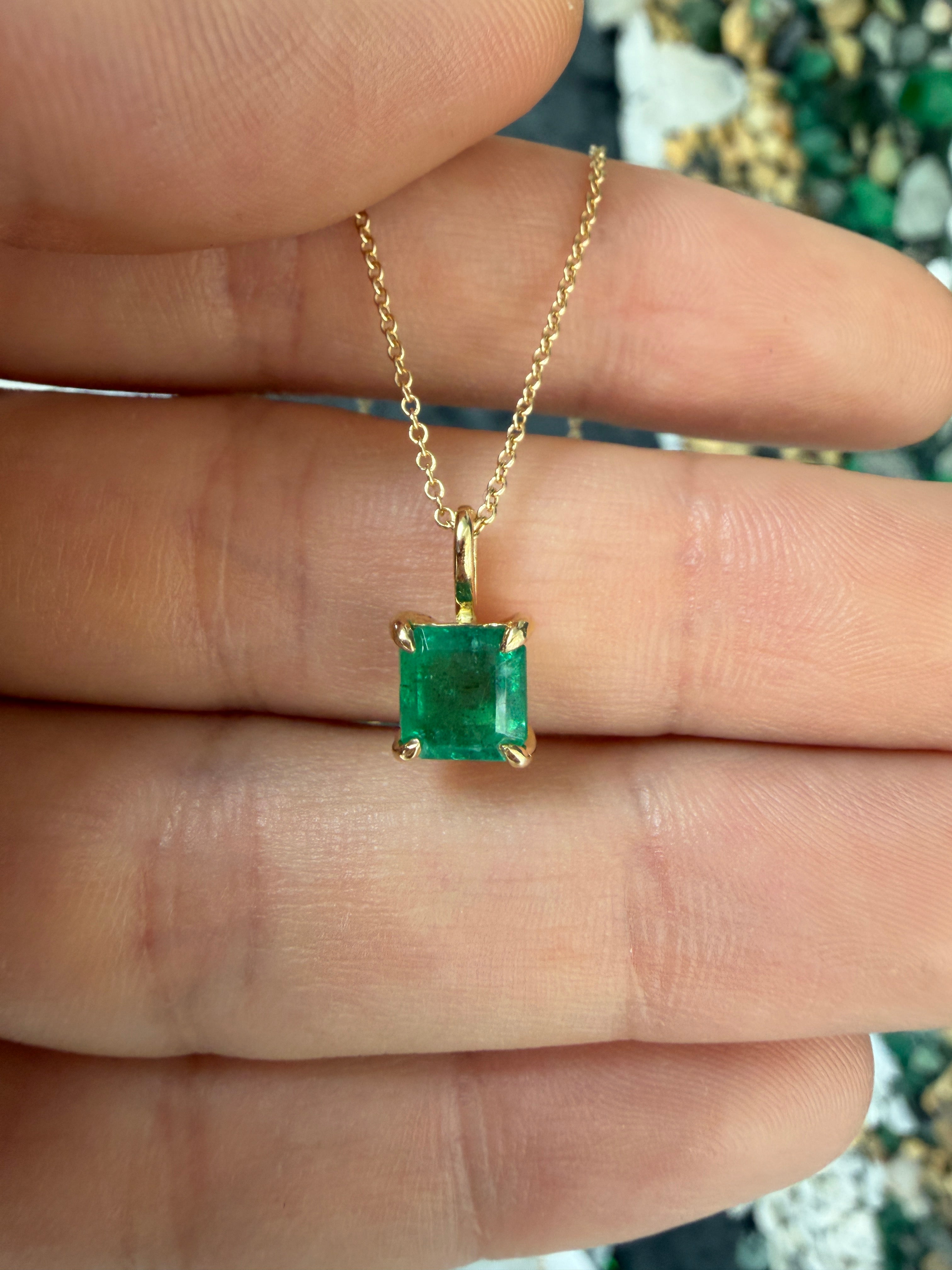 Petite 1.35 Carat Asscher Emerald Solitaire Necklace in 14K gold by JR Colombian Emeralds, featuring a sparkling emerald gemstone.