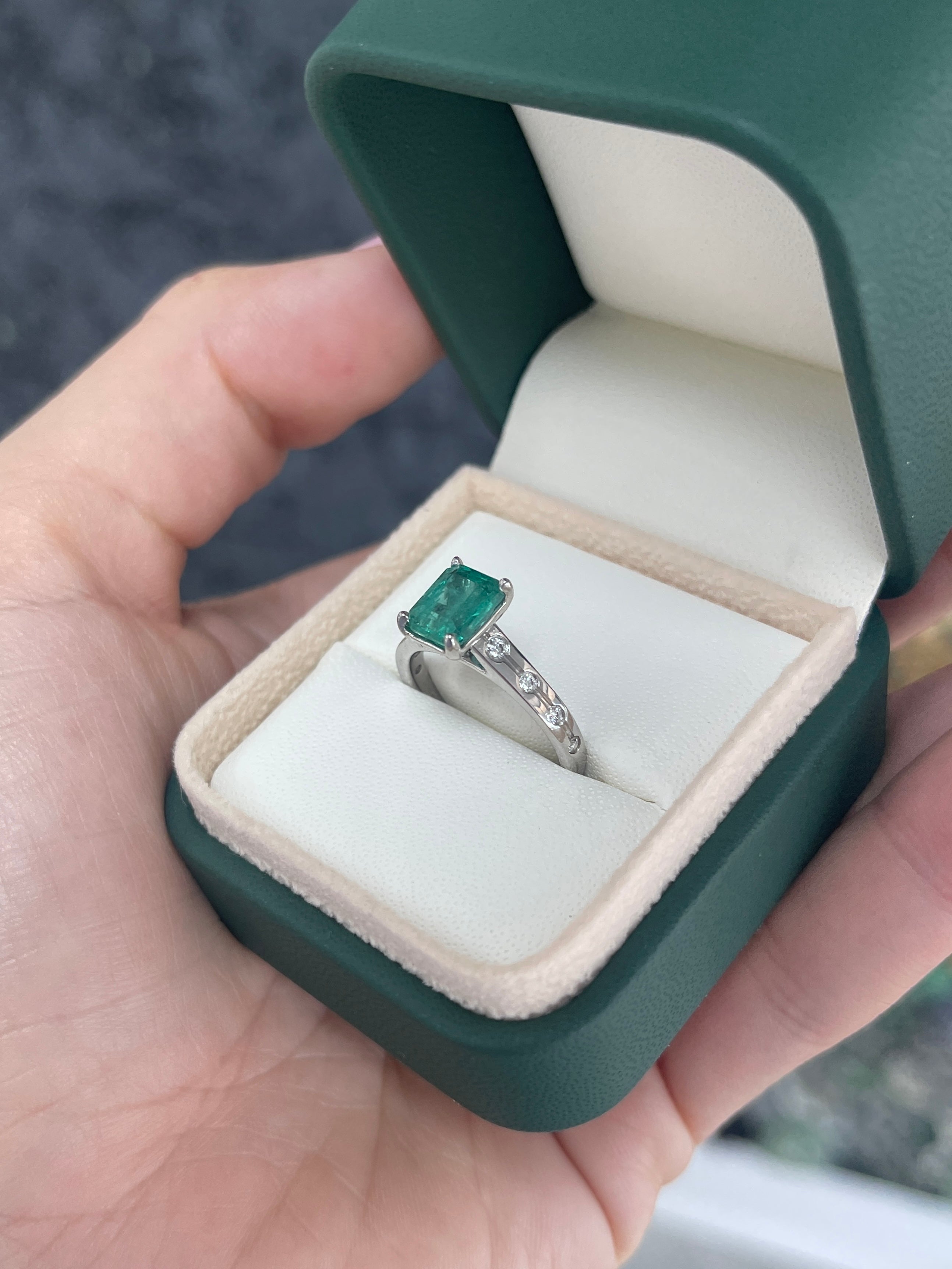 1.90tcw 14K Natural Emerald Cut Emerald & LAB Diamond Accent Right Hand Ring - JR Colombian Emeralds