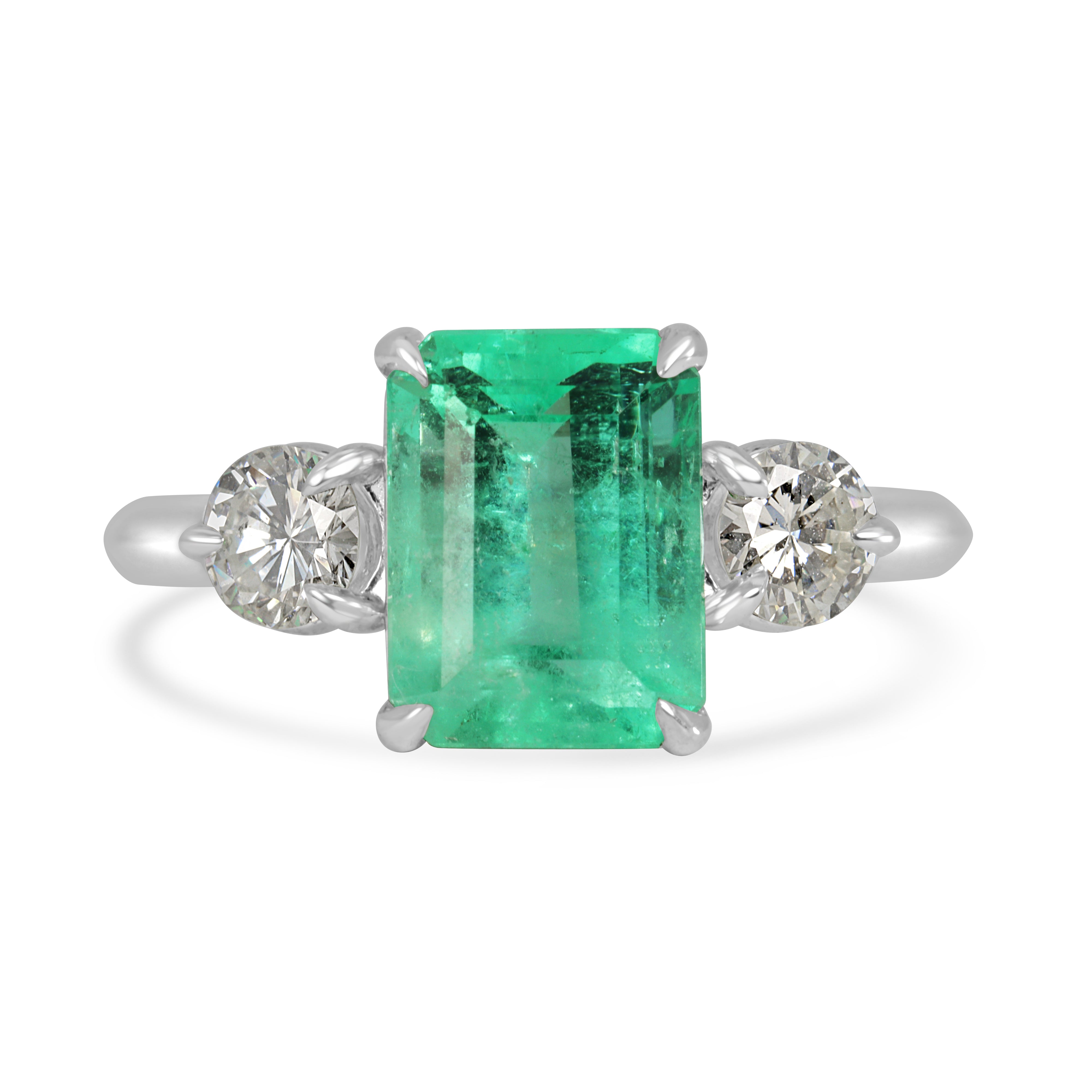 2.95tcw Emerald Cut Colombian Emerald And Diamond Three Stone Engagement Ring 14K White Gold