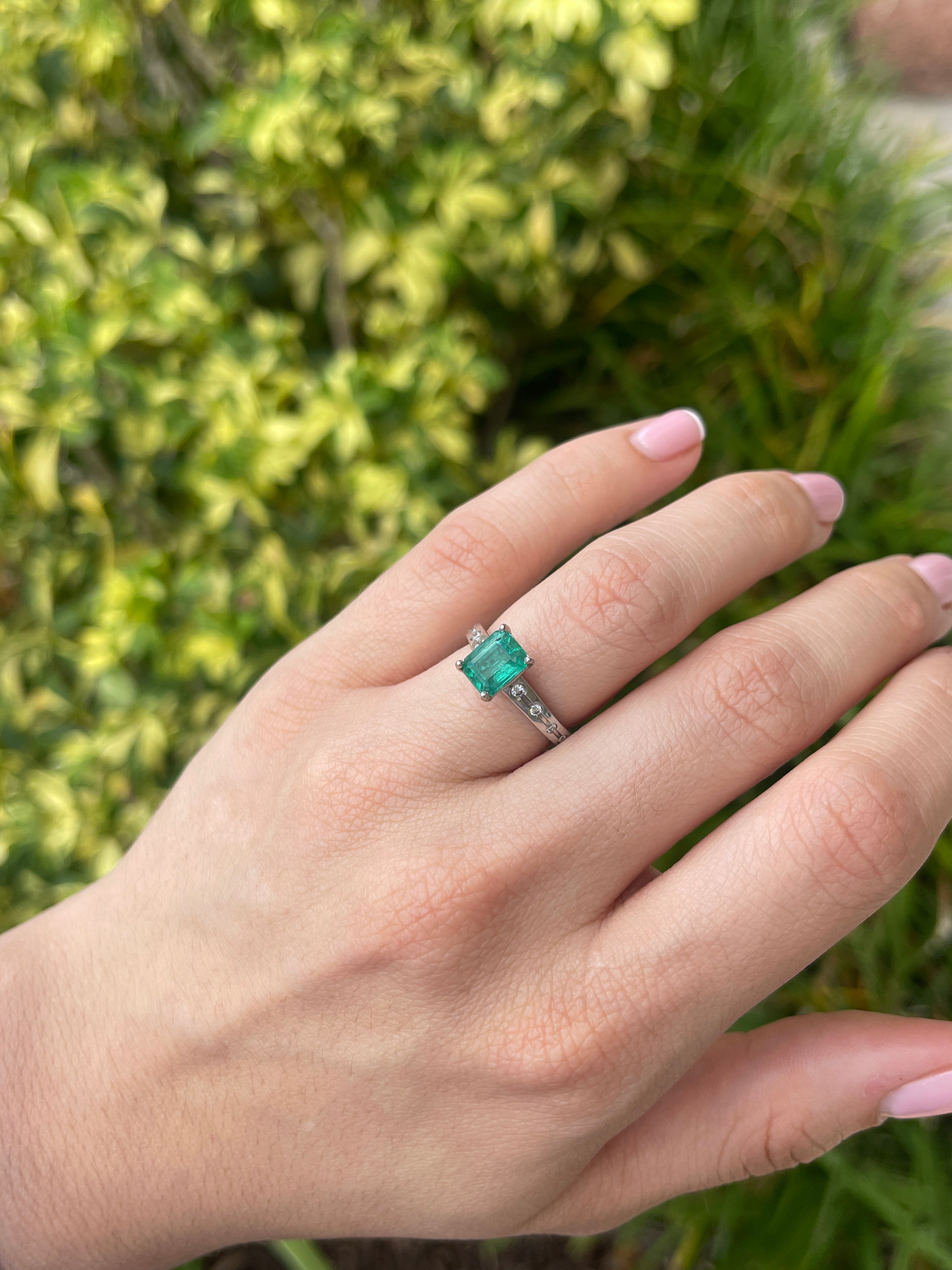 1.90tcw 14K Natural Emerald Cut Emerald & LAB Diamond Accent Right Hand Ring - JR Colombian Emeralds