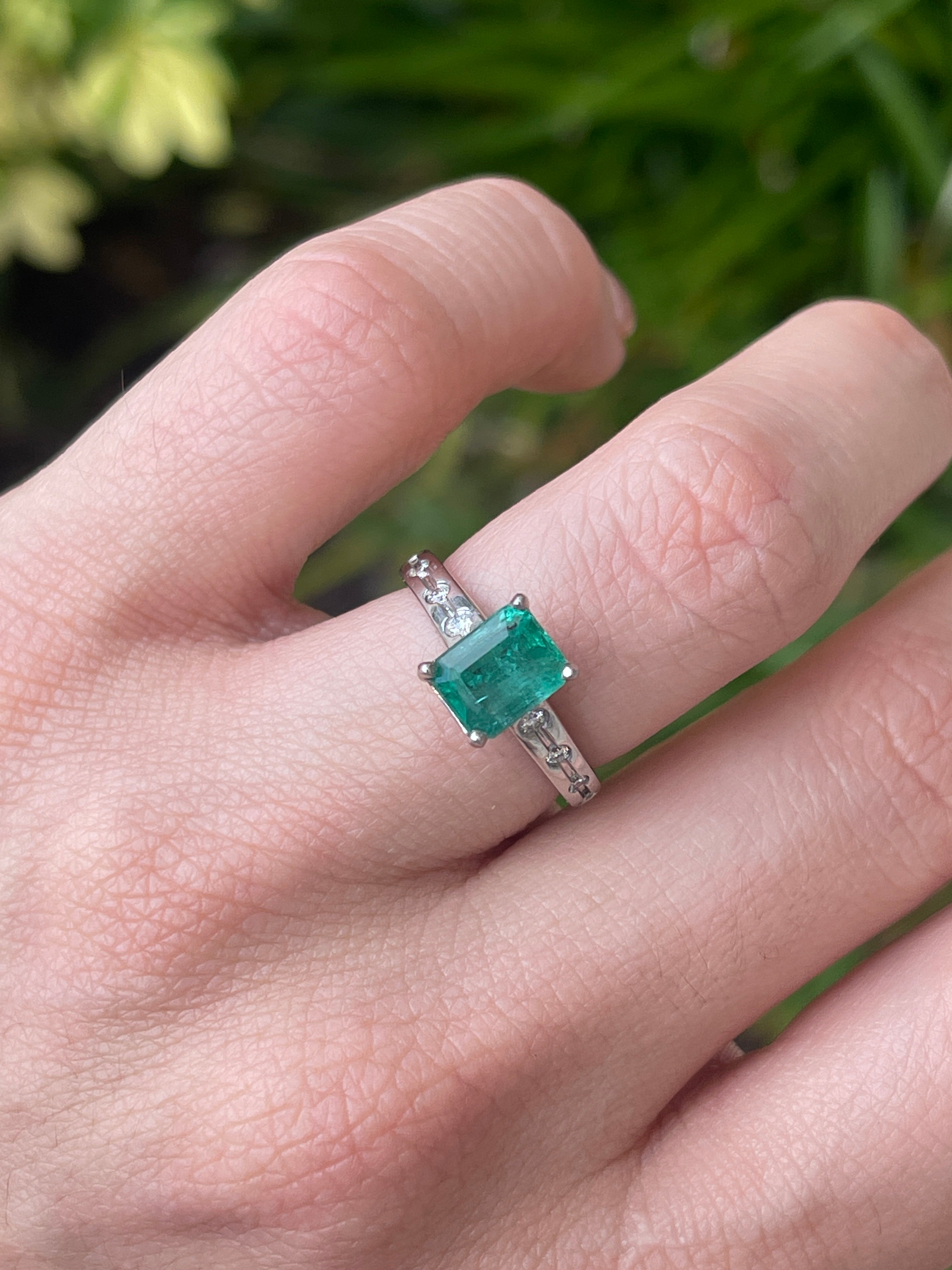 1.90tcw 14K Natural Emerald Cut Emerald & LAB Diamond Accent Right Hand Ring - JR Colombian Emeralds
