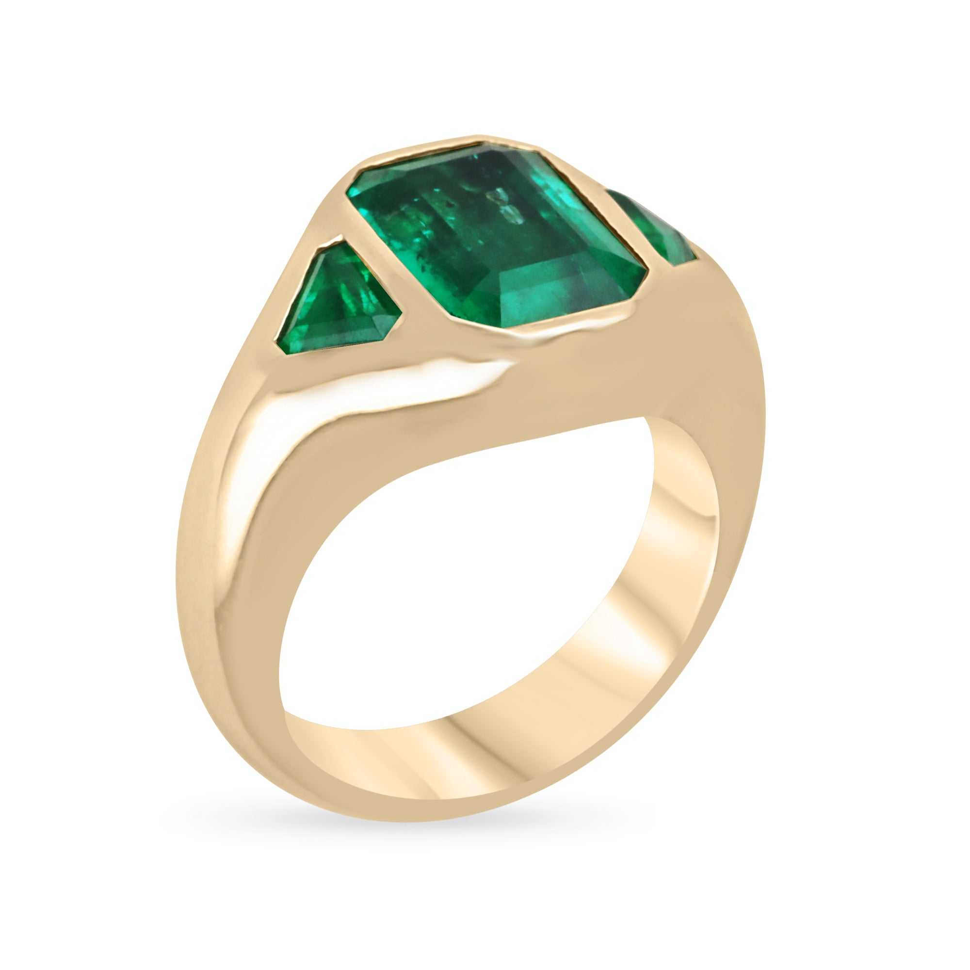 4.06tcw 18K AAA+ Muzo Colombian Emerald Three Stone Ring Trillion Cut Trilogy Ring