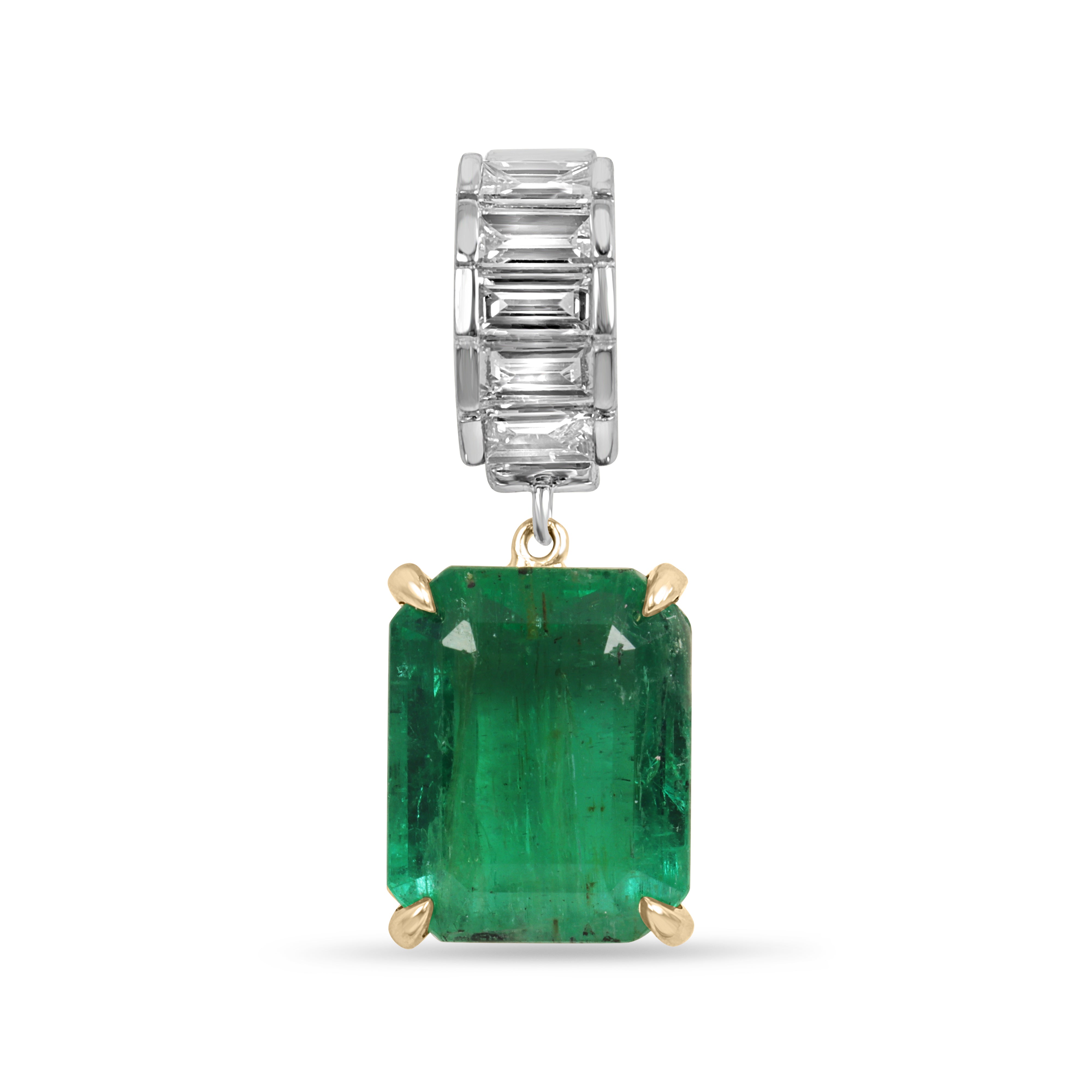 Natural emerald and lab diamond baguette bail pendant in 14K gold, featuring 3.57 carats, from JR Colombian Emeralds.