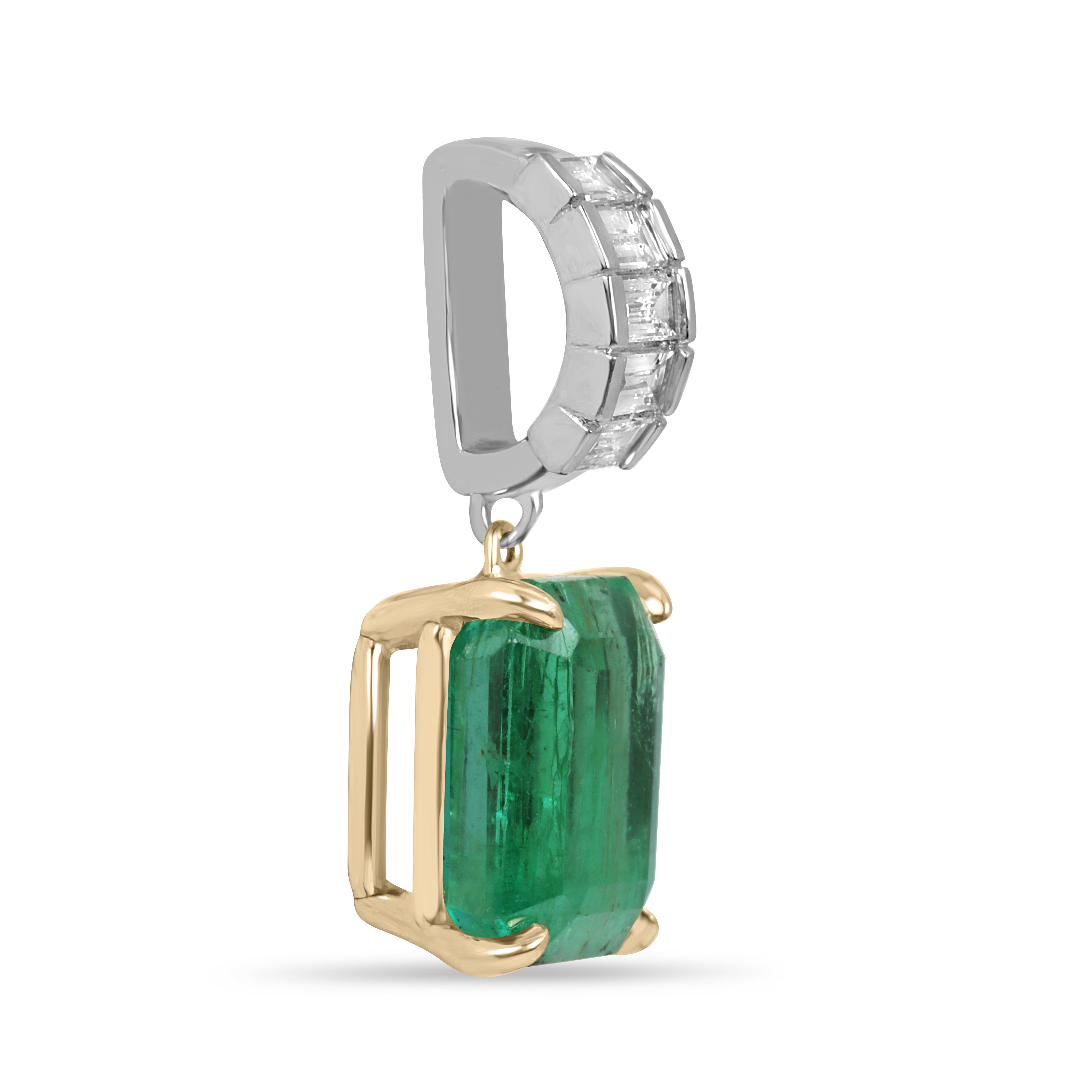 Natural emerald and lab diamond baguette bail pendant featuring 3.57tcw in 14K gold by JR Colombian Emeralds.