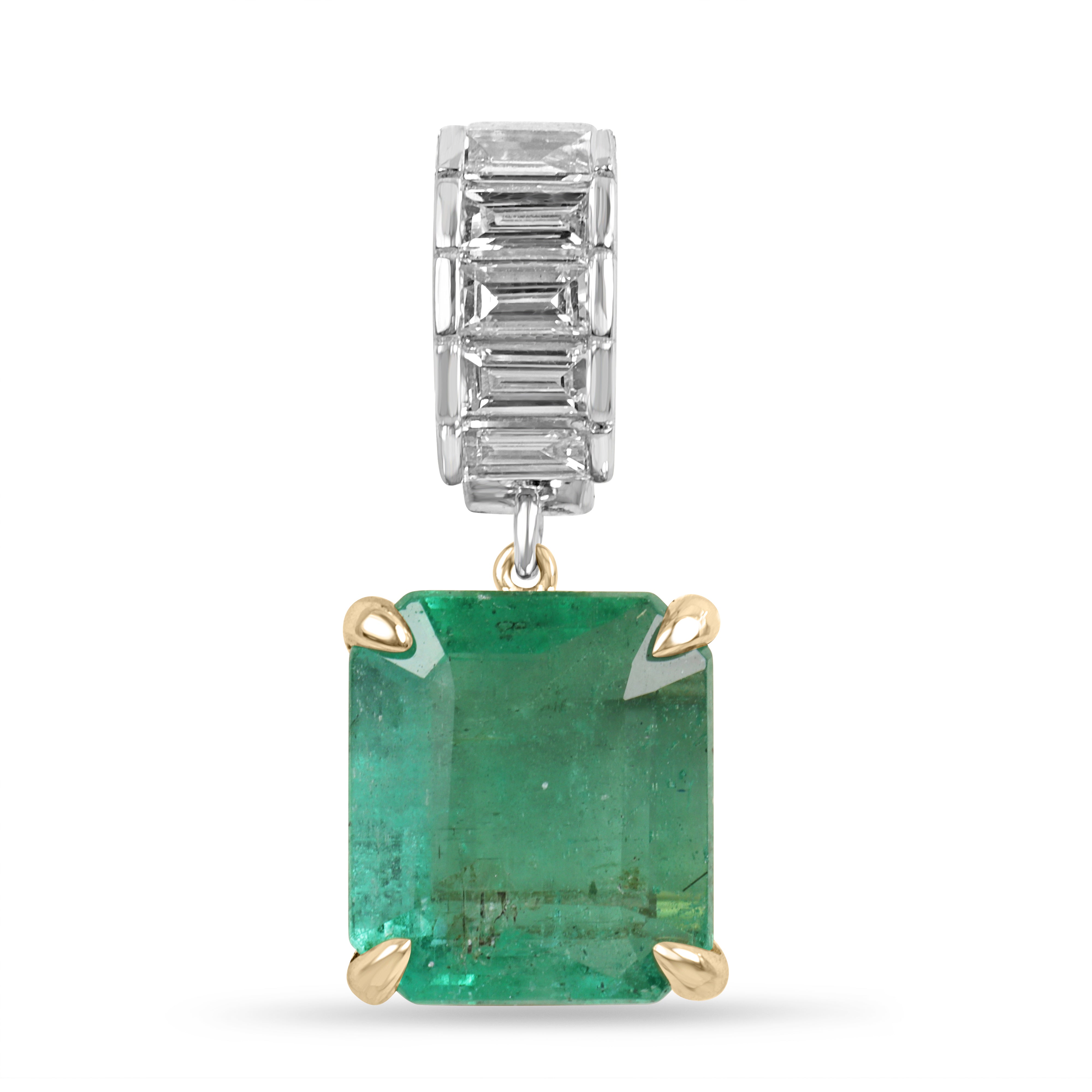 3.05tcw Asscher Cut Emerald & Lab Diamond Baguette Bail Pendant 14K