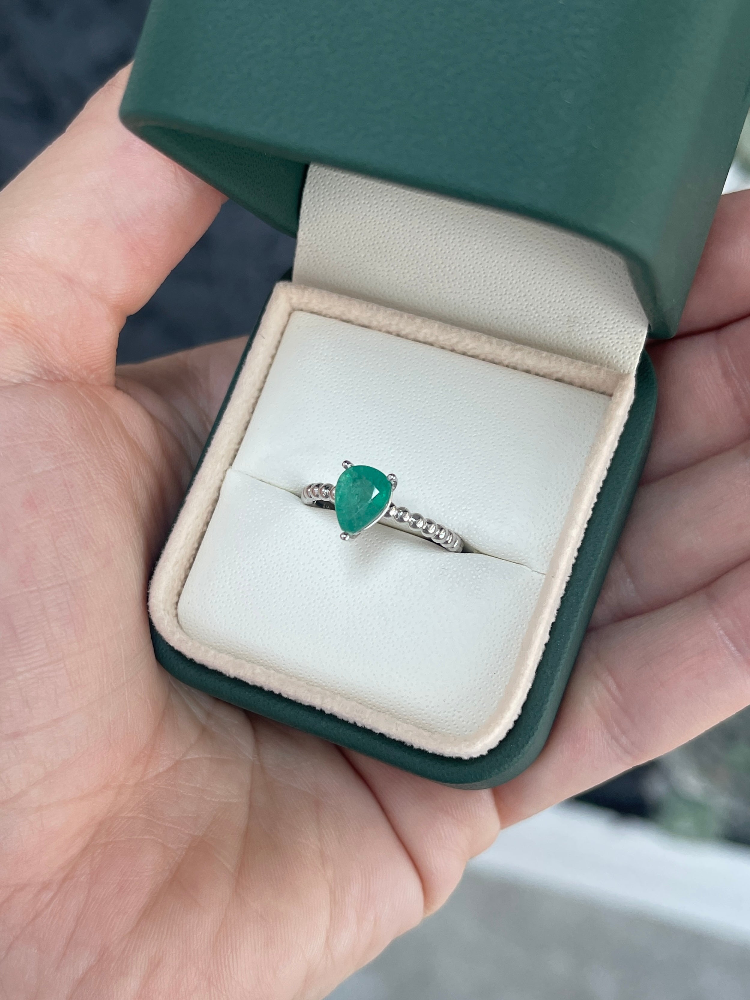 1.25ct 14K Solitaire Natural Pear Cut Emerald White Gold Beaded Ring - JR Colombian Emeralds