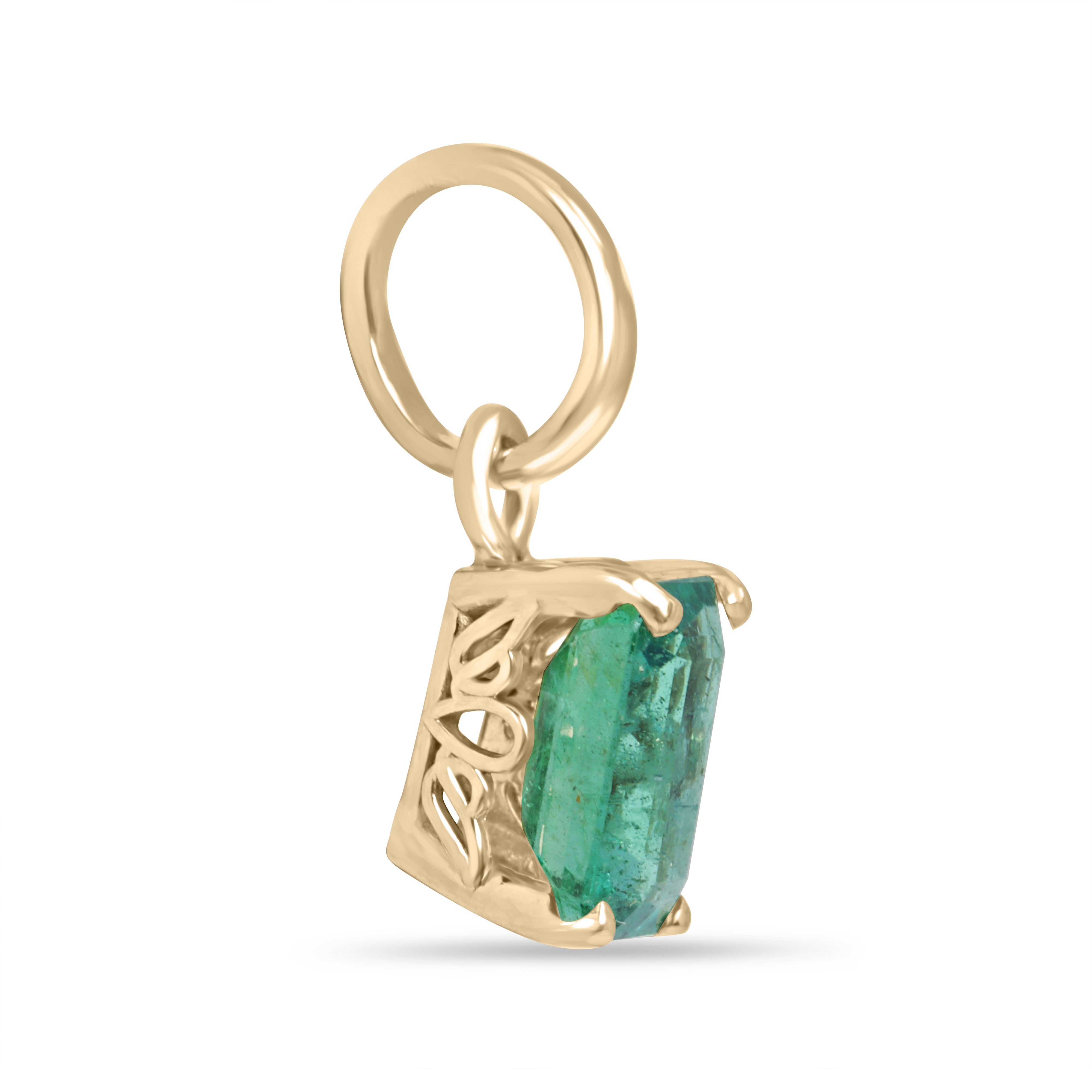 1.10ct 14K Solitaire Emerald Cut Emerald Pendant with Floral Basket