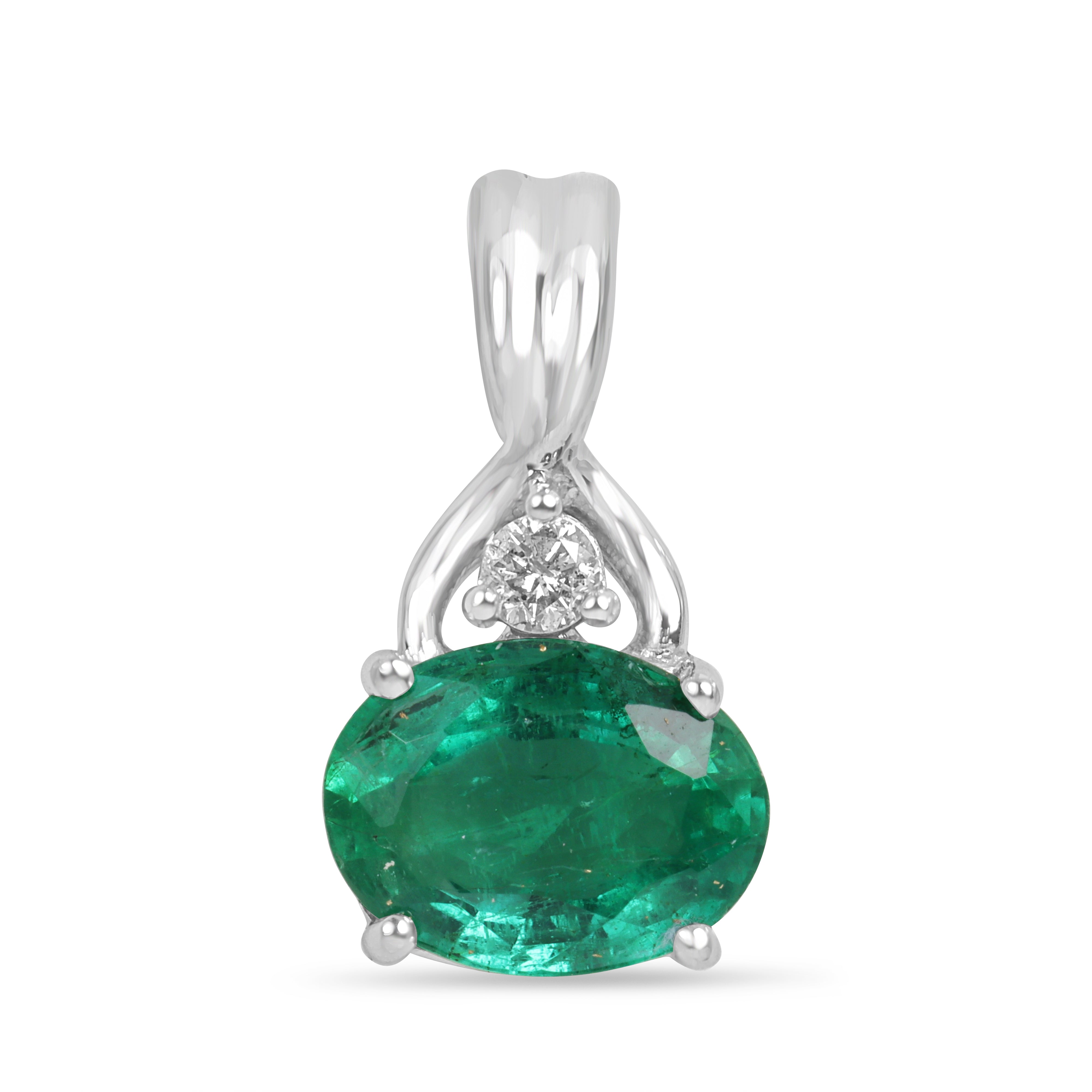 2.44tcw 14K Natural Bluish Green Oval Cut Emerald & Diamond Accent White Gold Pendant Necklace