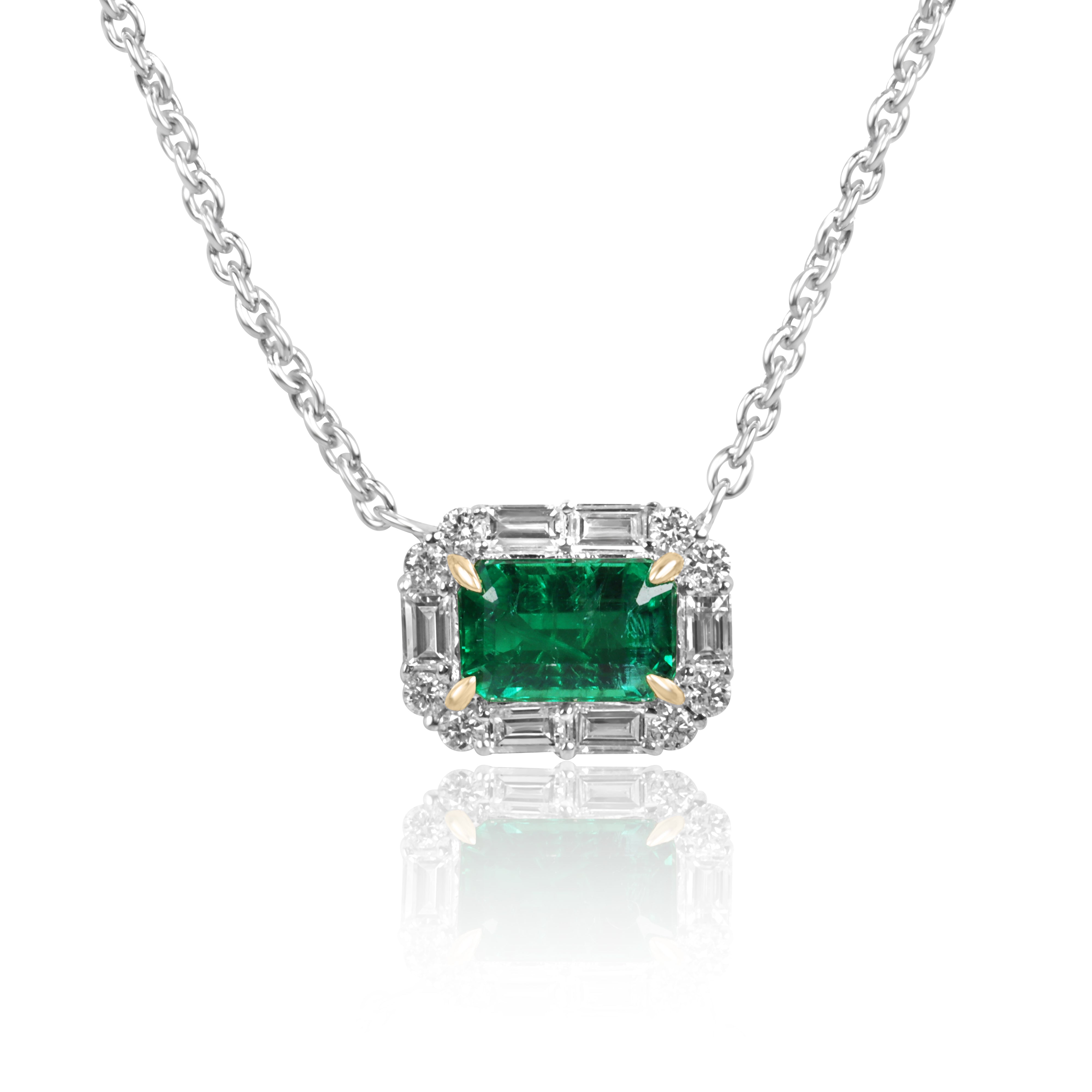 AAA+ natural emerald and baguette diamond halo east-west station necklace in 18K gold by JR Colombian Emeralds.