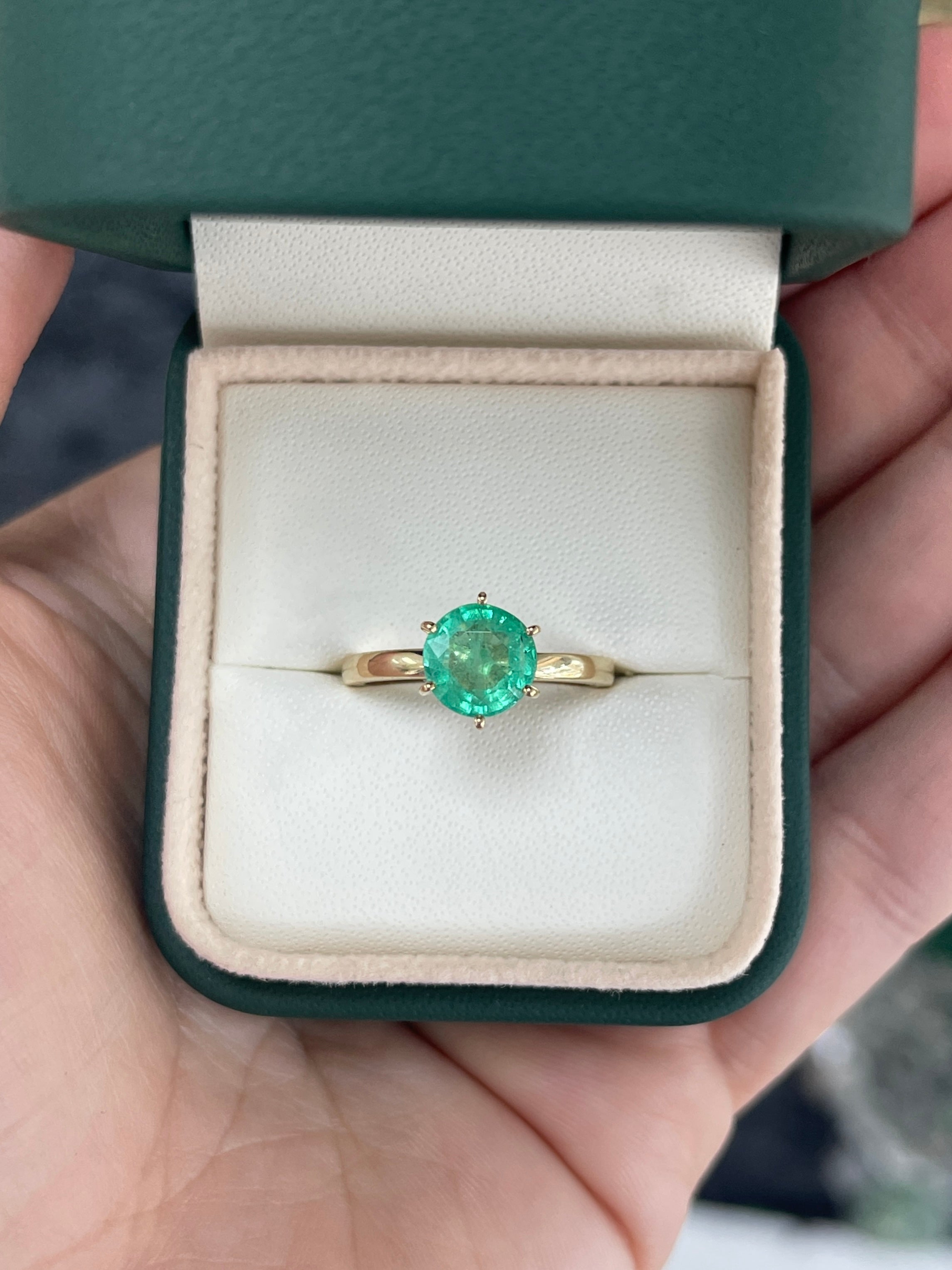 1.74ct 14K Rare Natural Round Cut Emerald Six Prong Solitaire Ring - JR Colombian Emeralds