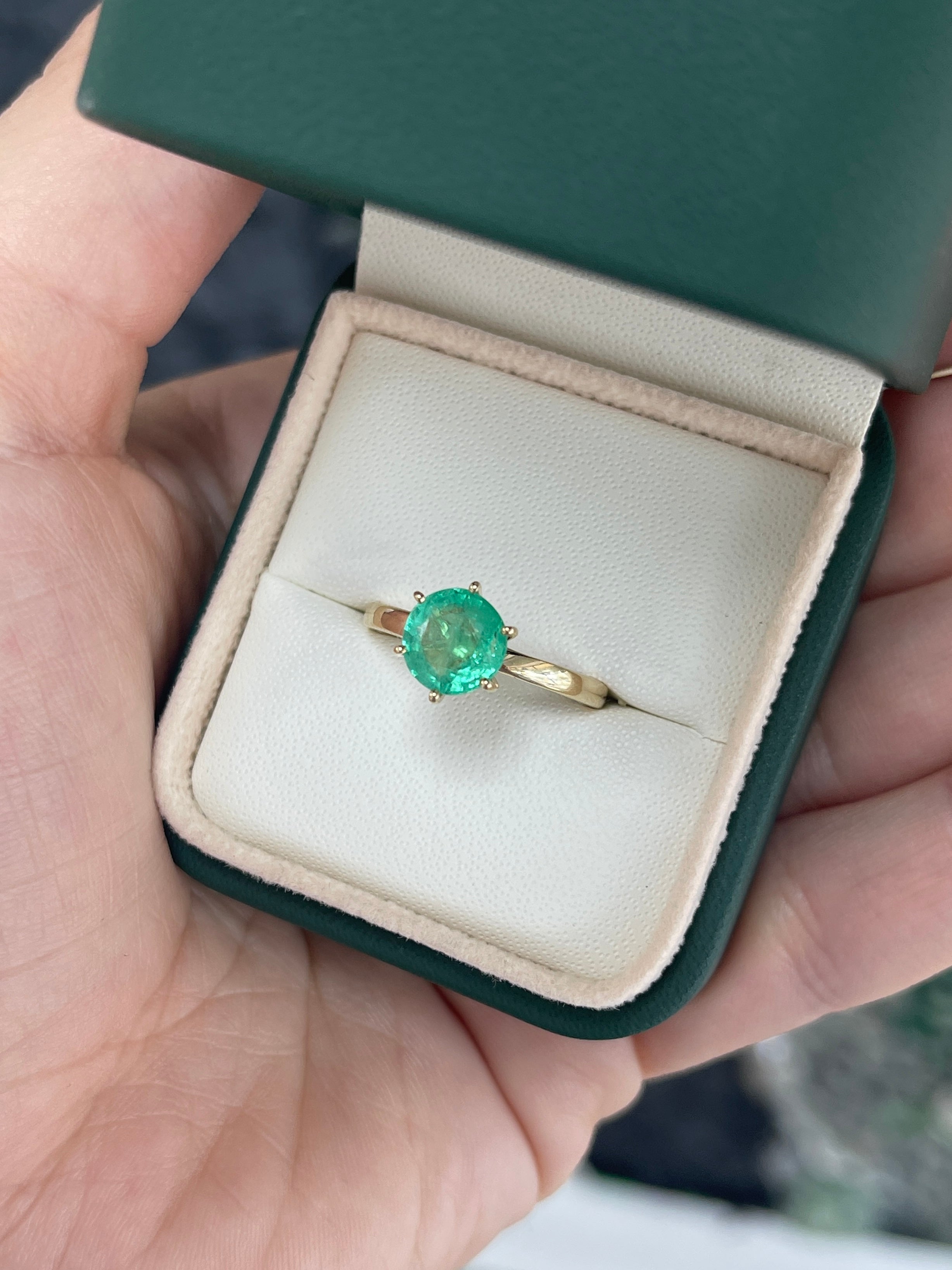 1.74ct 14K Rare Natural Round Cut Emerald Six Prong Solitaire Ring - JR Colombian Emeralds