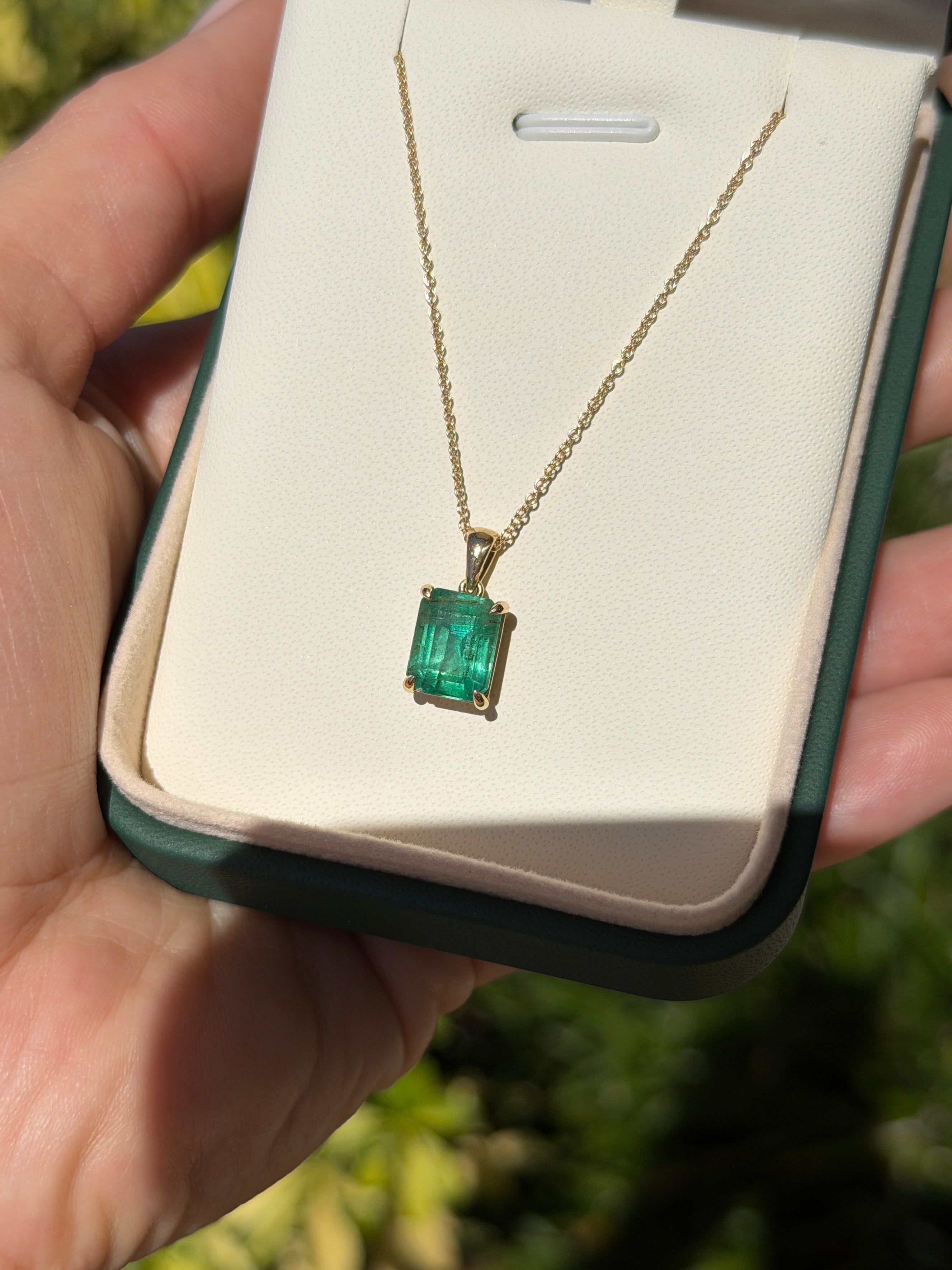14K gold natural emerald solitaire necklace with 4.25ct earthy Colombian emerald by JR Colombian Emeralds