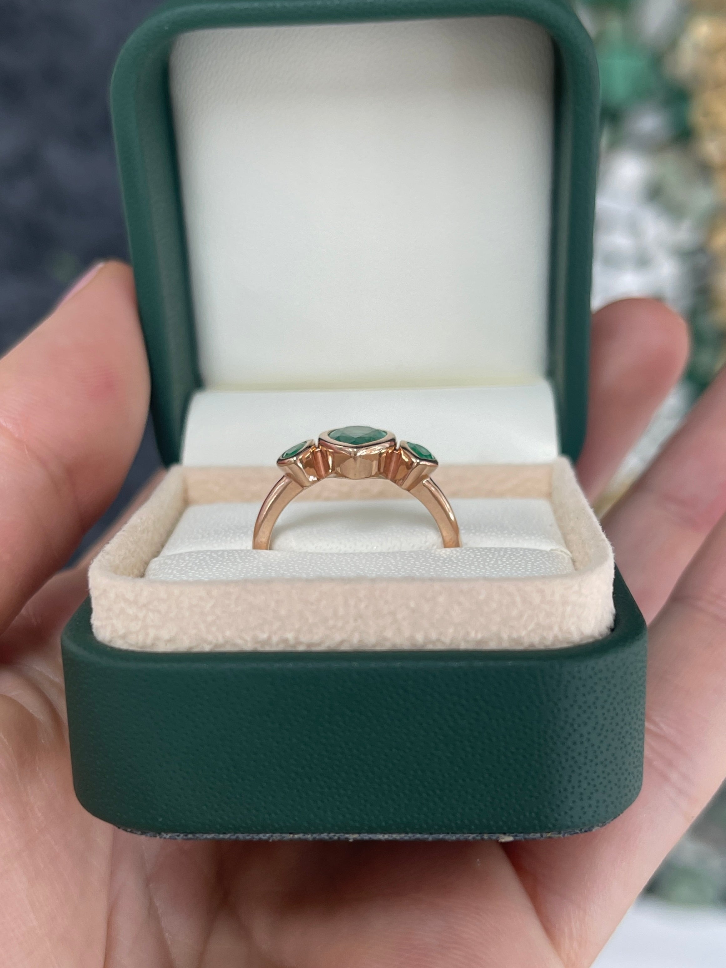 1.50tcw Natural Pear Emerald Trilogy Three Stone Ring Rose Gold 10K - JR Colombian Emeralds