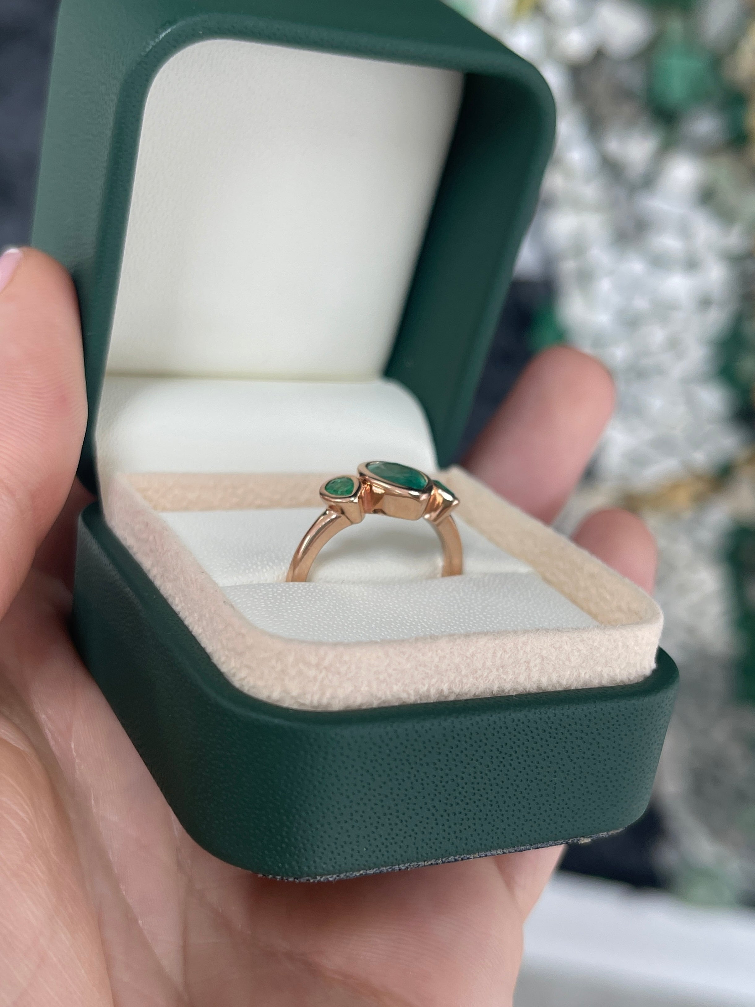 1.50tcw Natural Pear Emerald Trilogy Three Stone Ring Rose Gold 10K - JR Colombian Emeralds