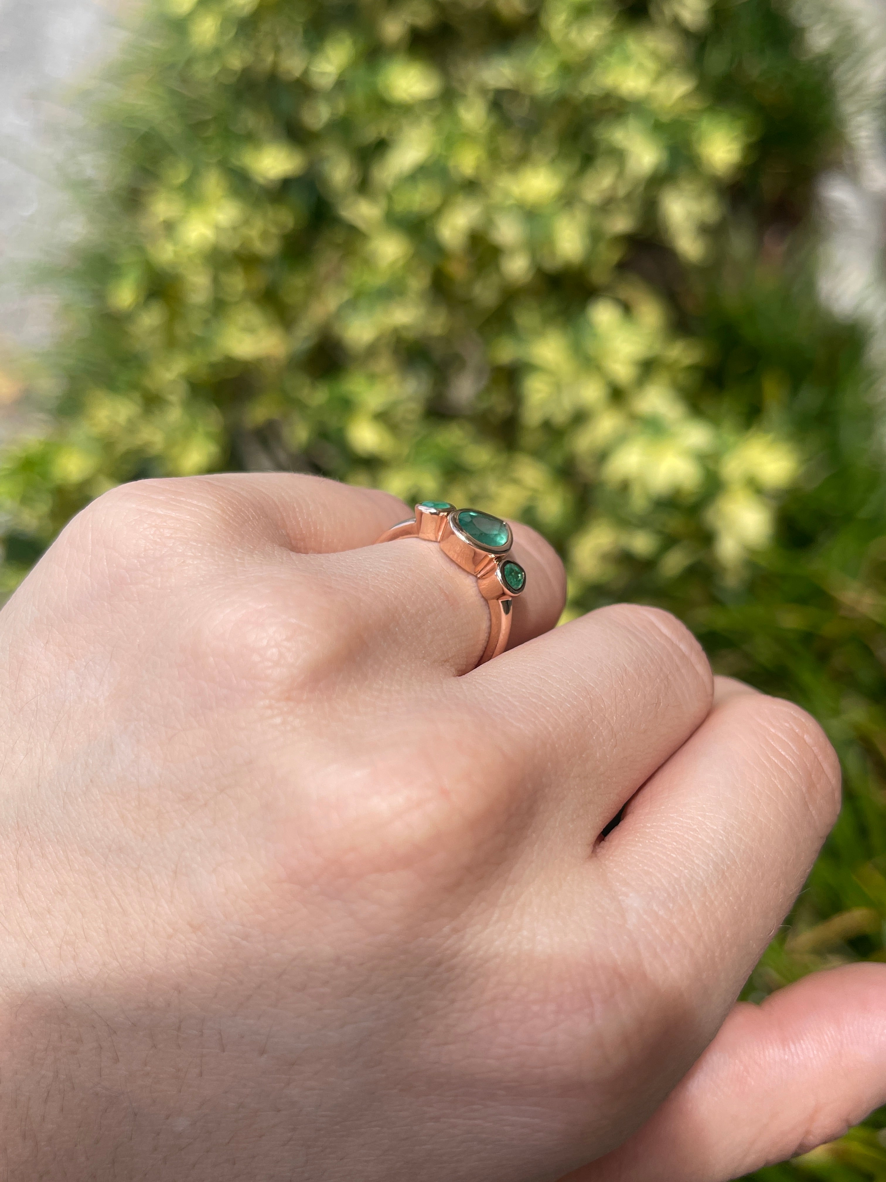 1.50tcw Natural Pear Emerald Trilogy Three Stone Ring Rose Gold 10K - JR Colombian Emeralds