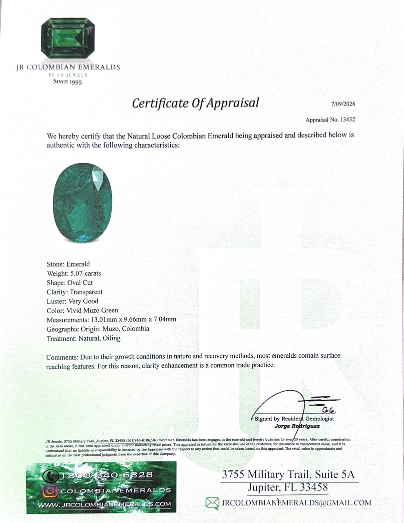 5.07 Carat Certified 13x10 Vivid Muzo Green Natural Loose Colombian Emerald-Oval Cut