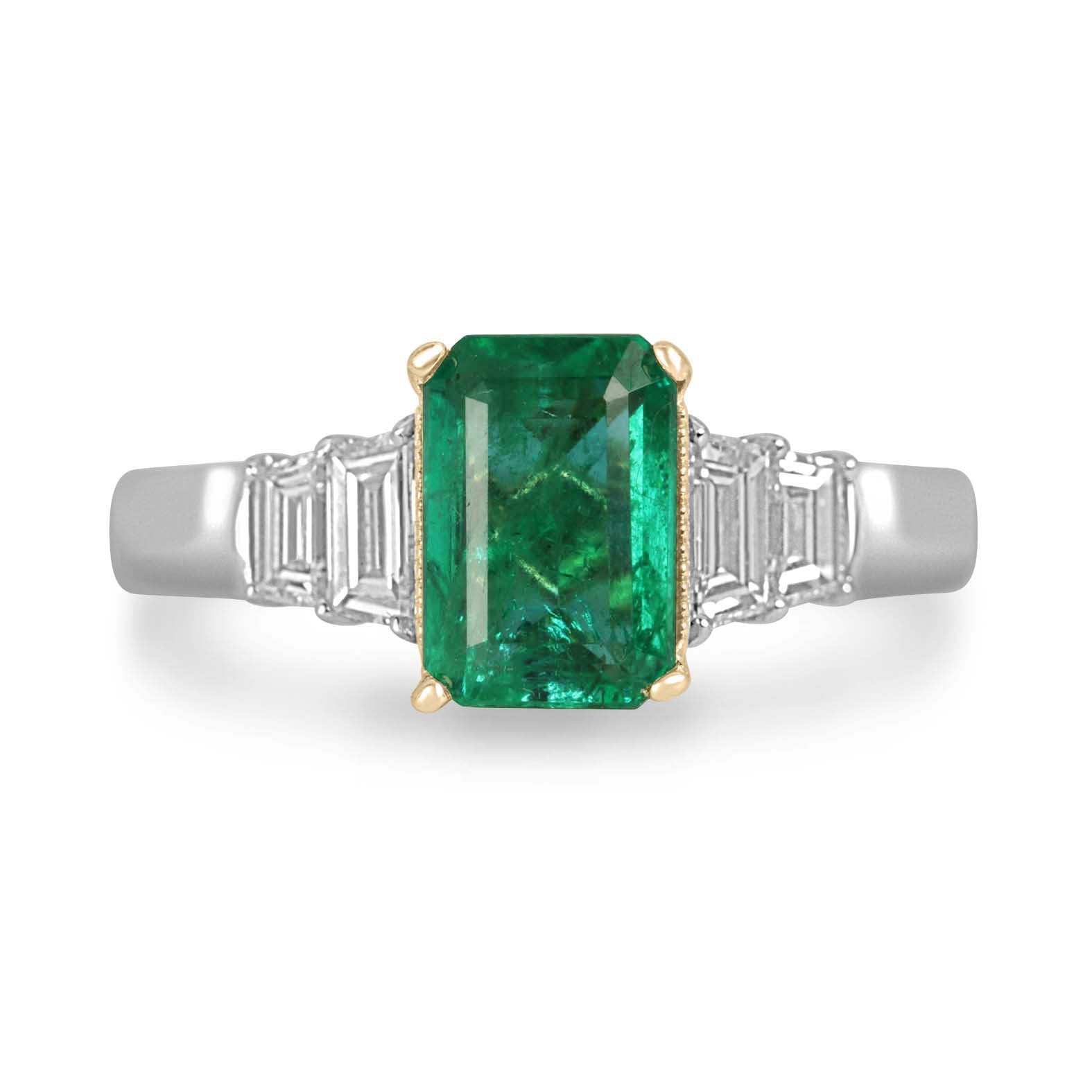 2.39tcw 14K/PLAT Natural Bluish Green Emerald Cut Emerald & Trapezoid Diamond Five Stone Ring