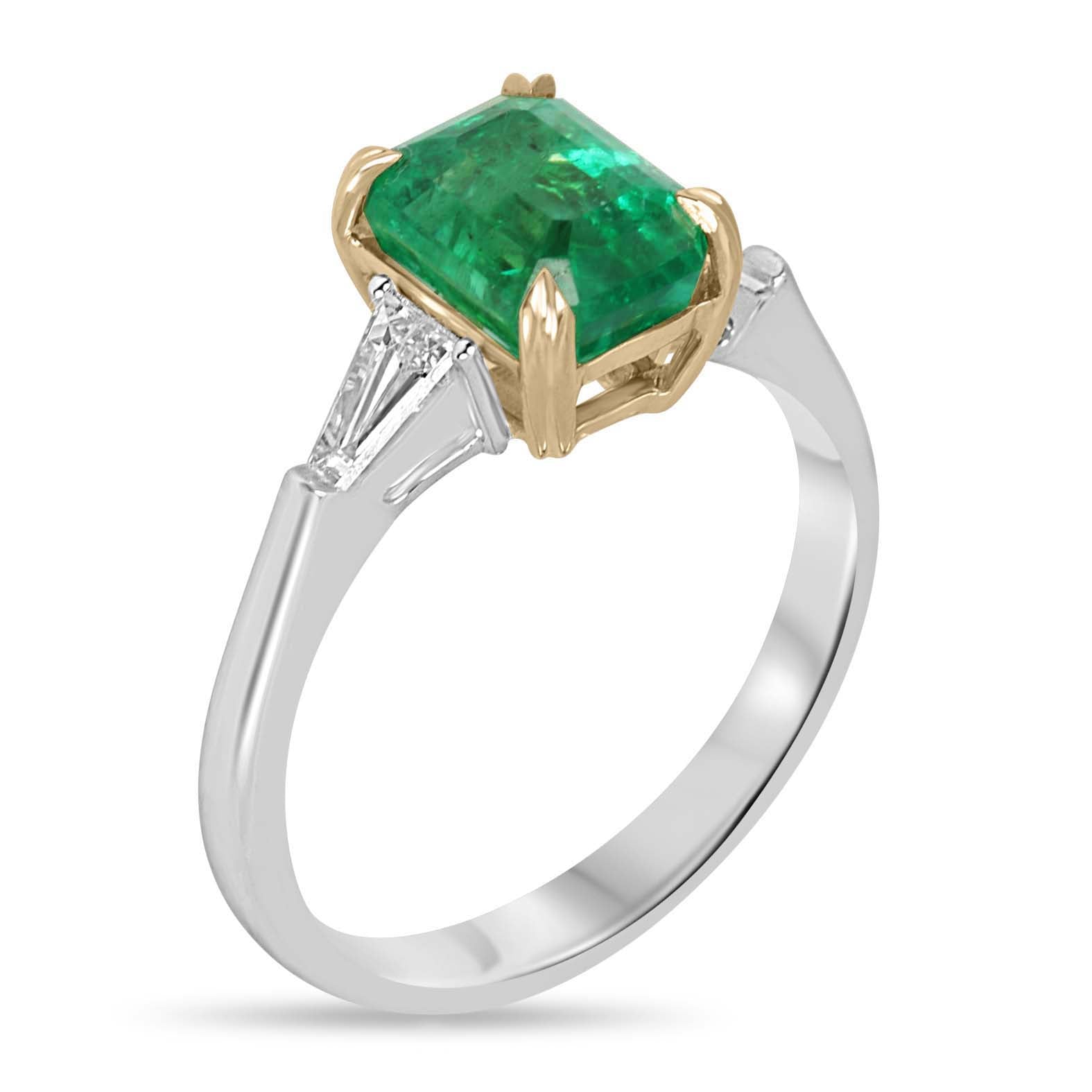 2.75tcw 14K/PLAT Natural Emerald Cut Emerald & Tapered Baguette Diamond Three Stone Engagement Ring