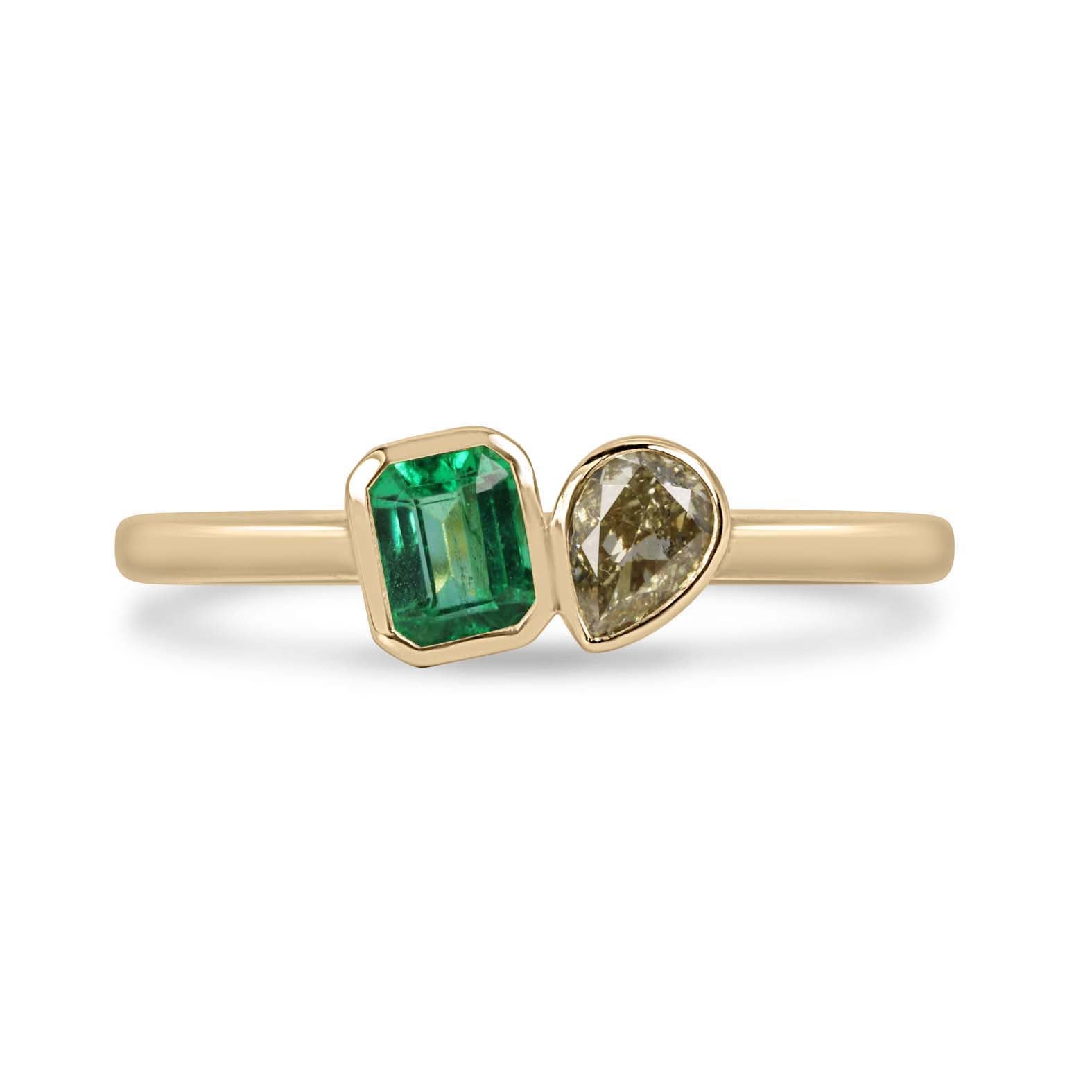Natural Emerald Cut Emerald & Pear Fancy Yellow Diamond Toi Et Moi 14K