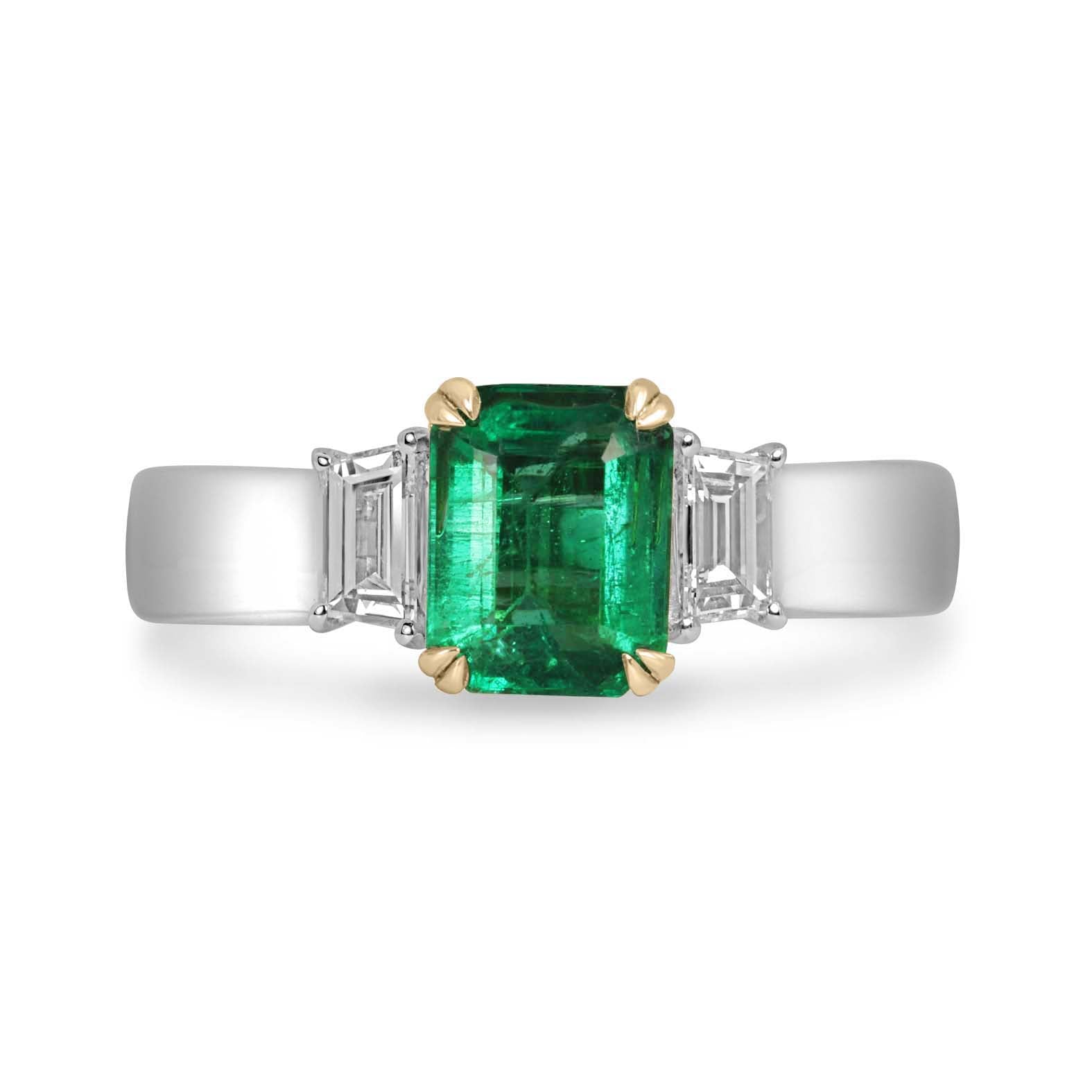 1.81tcw 14K PLAT Natural Emerald Cut Emerald & Trapezoid Diamond Three Stone Ring
