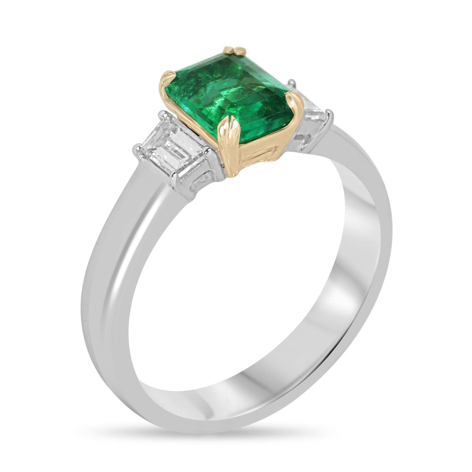1.81tcw 14K PLAT Natural Emerald Cut Emerald & Trapezoid Diamond Three Stone Ring