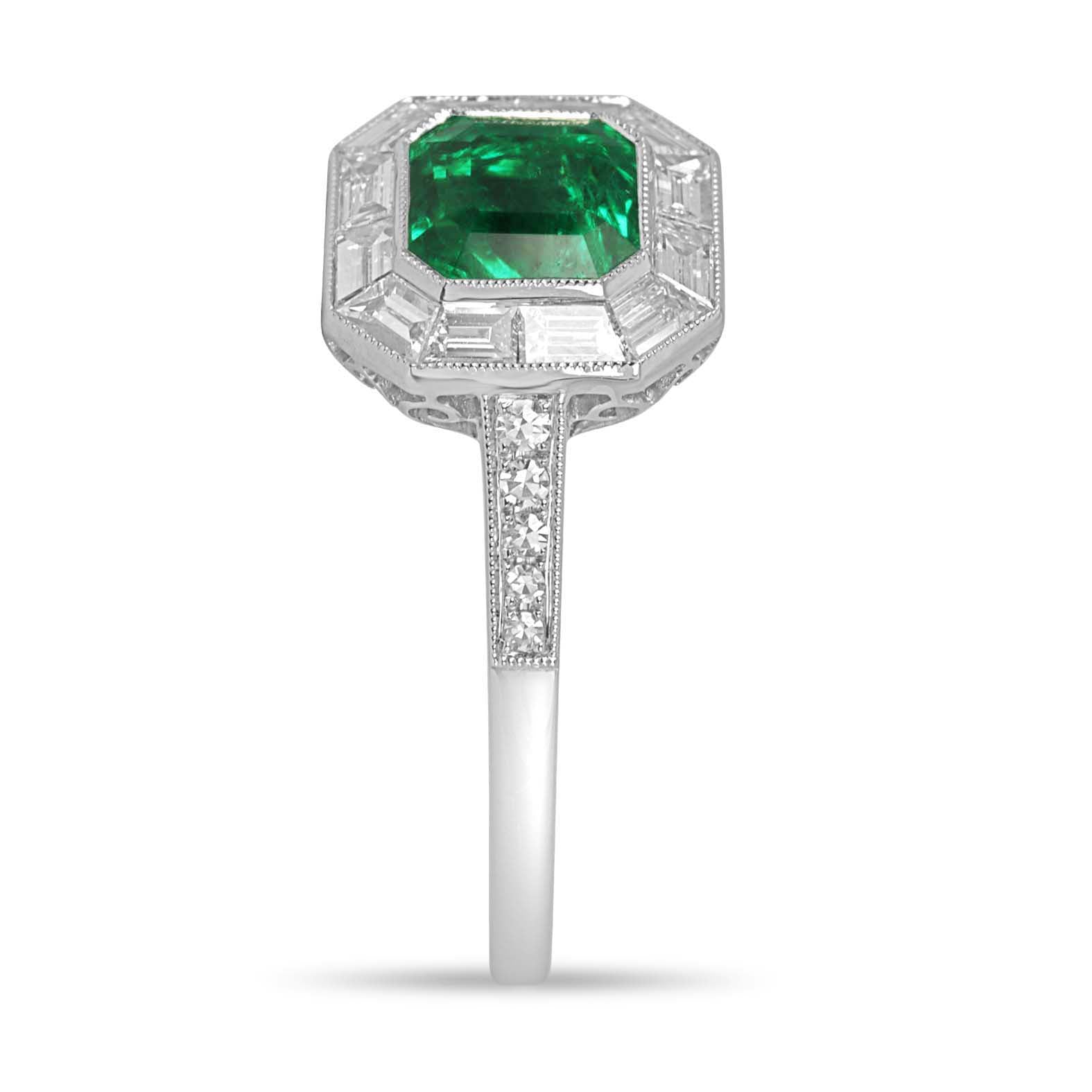 1.55tcw AAA+ Platinum Asscher Cut Emerald & Baguette Diamond Halo Art Deco Ring