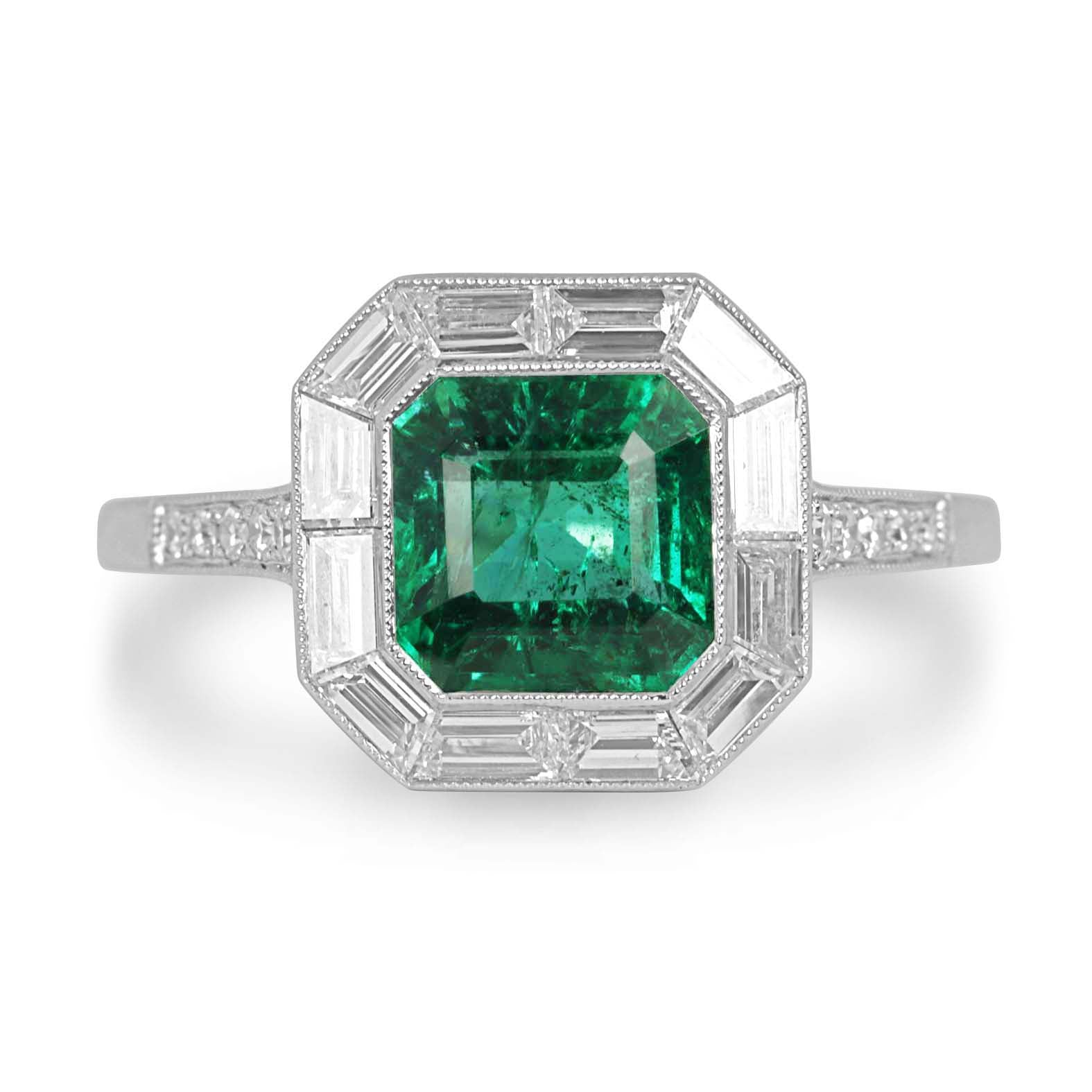 2.22tcw AAA+ Platinum Asscher Cut Emerald & Baguette Diamond Halo Art Deco Ring
