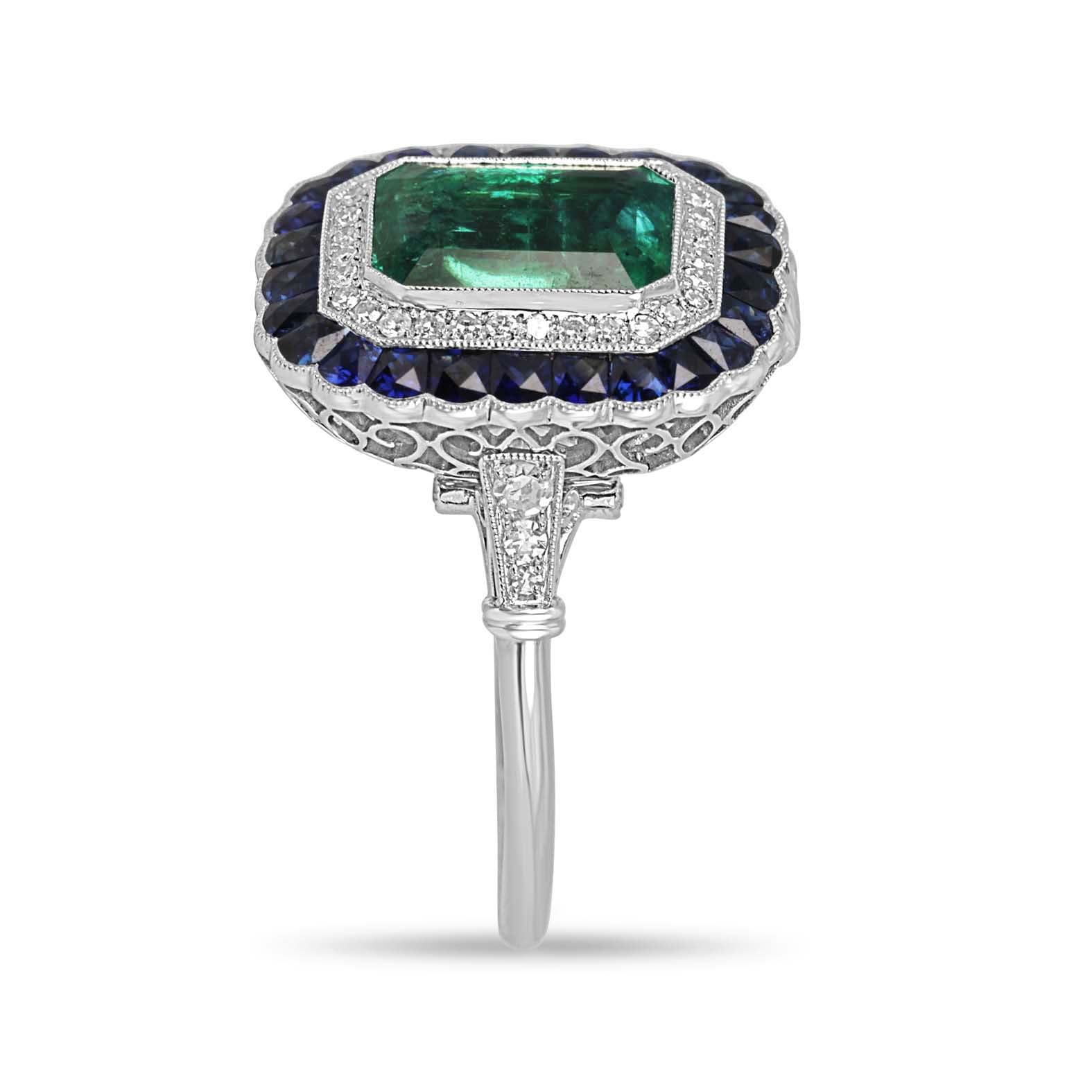 2.85tcw PLAT Natural Green Emerald Cut Emerald & Diamond/Half Moon Sapphire Double Halo Convertible 2 in 1 Ring Pendant