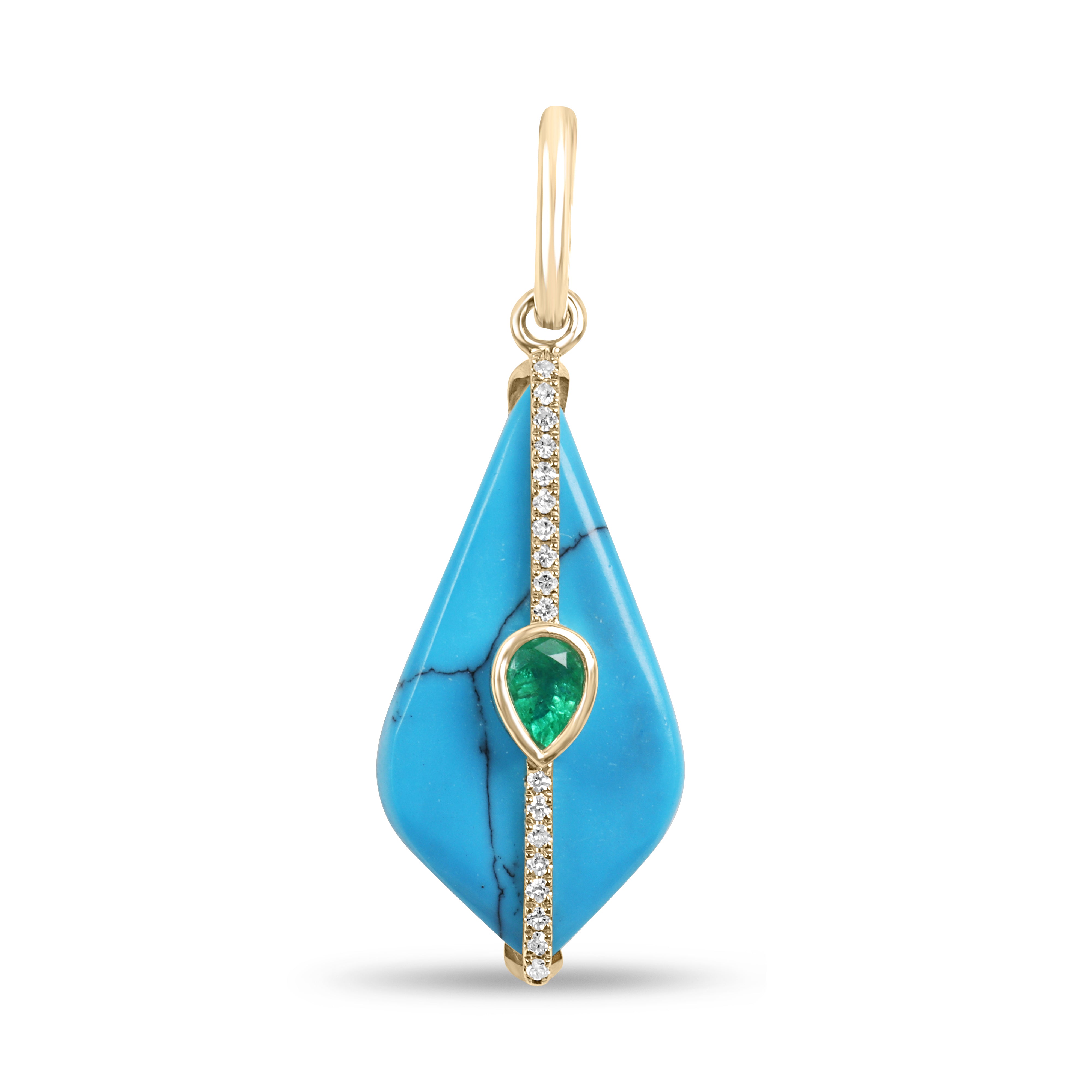 4.26tcw 14K Natural Turquoise, Emerald, & Diamond Pebble Pendant