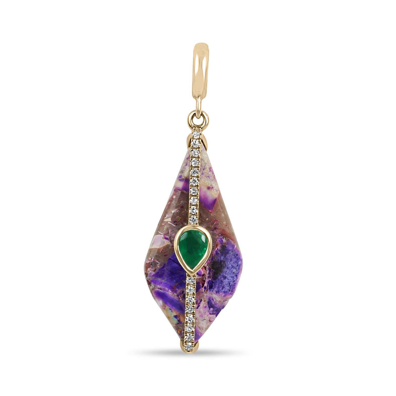 3.94tcw 14K Natural Purple Jasper, Emerald, & Diamond Pebble Pendant