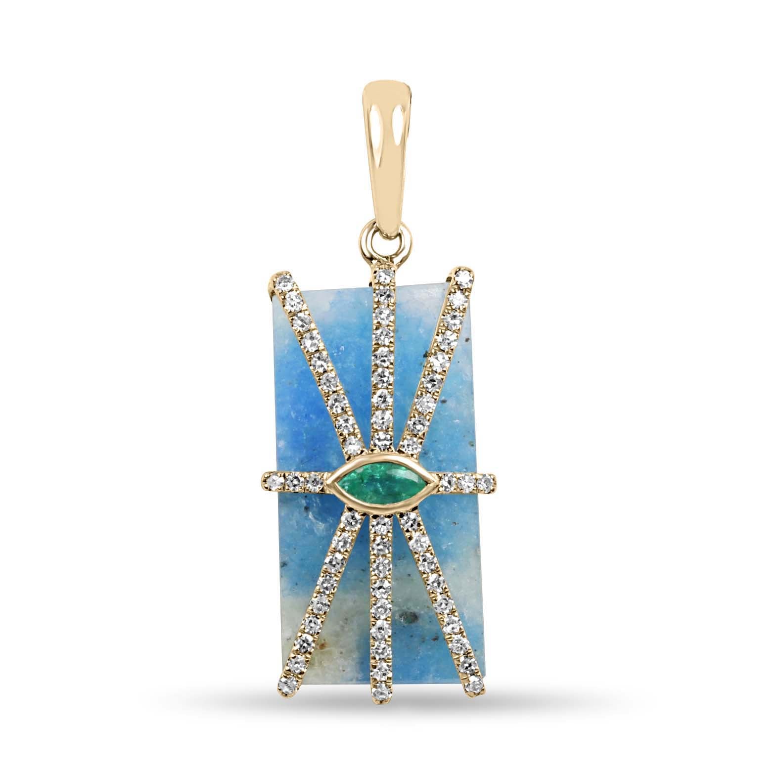 6.56tcw 14K Azurite, Emerald, & Diamond Pebble Pendant