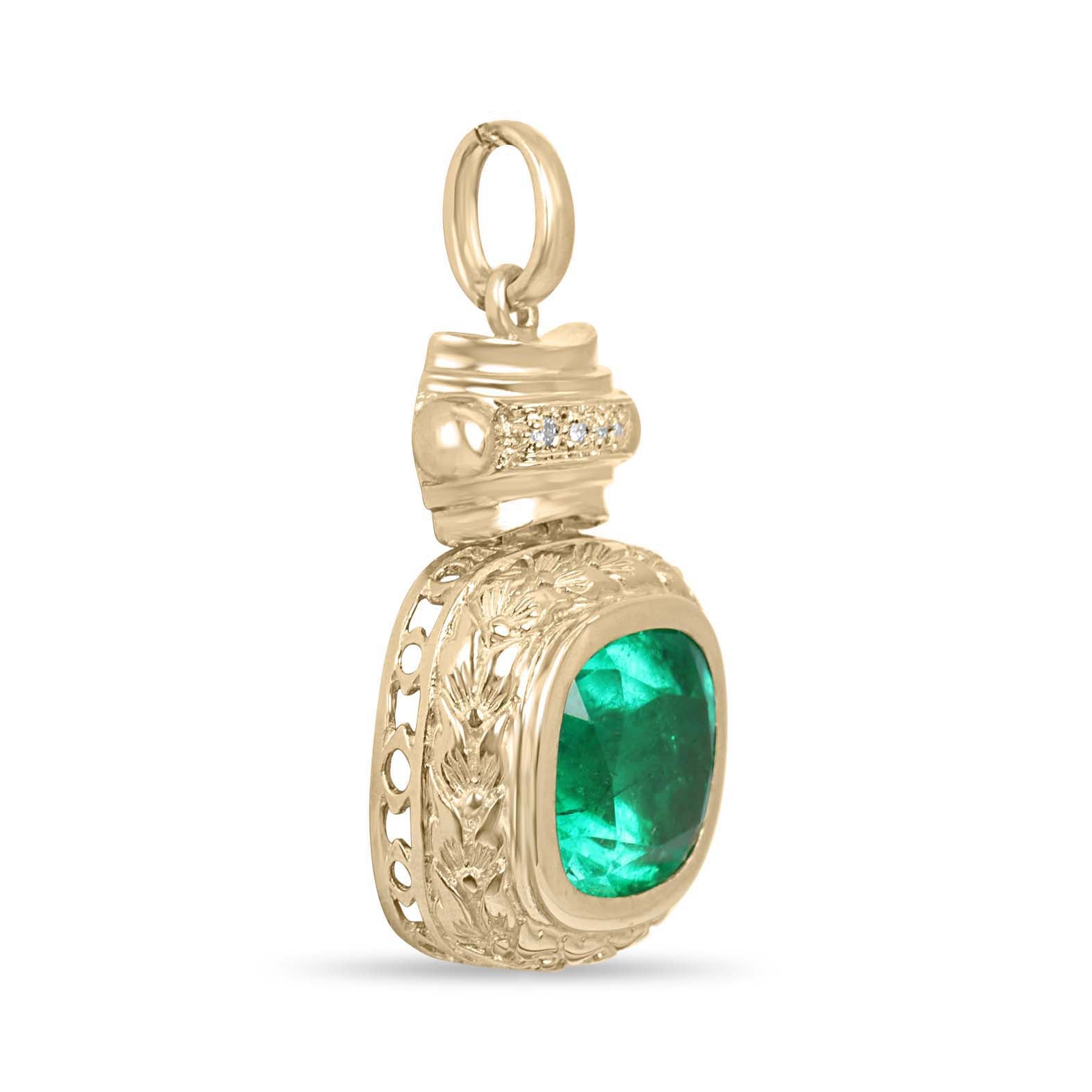 7.37tcw Vintage Natural Cushion Cut Colombian Emerald & Diamond Statement Pendant