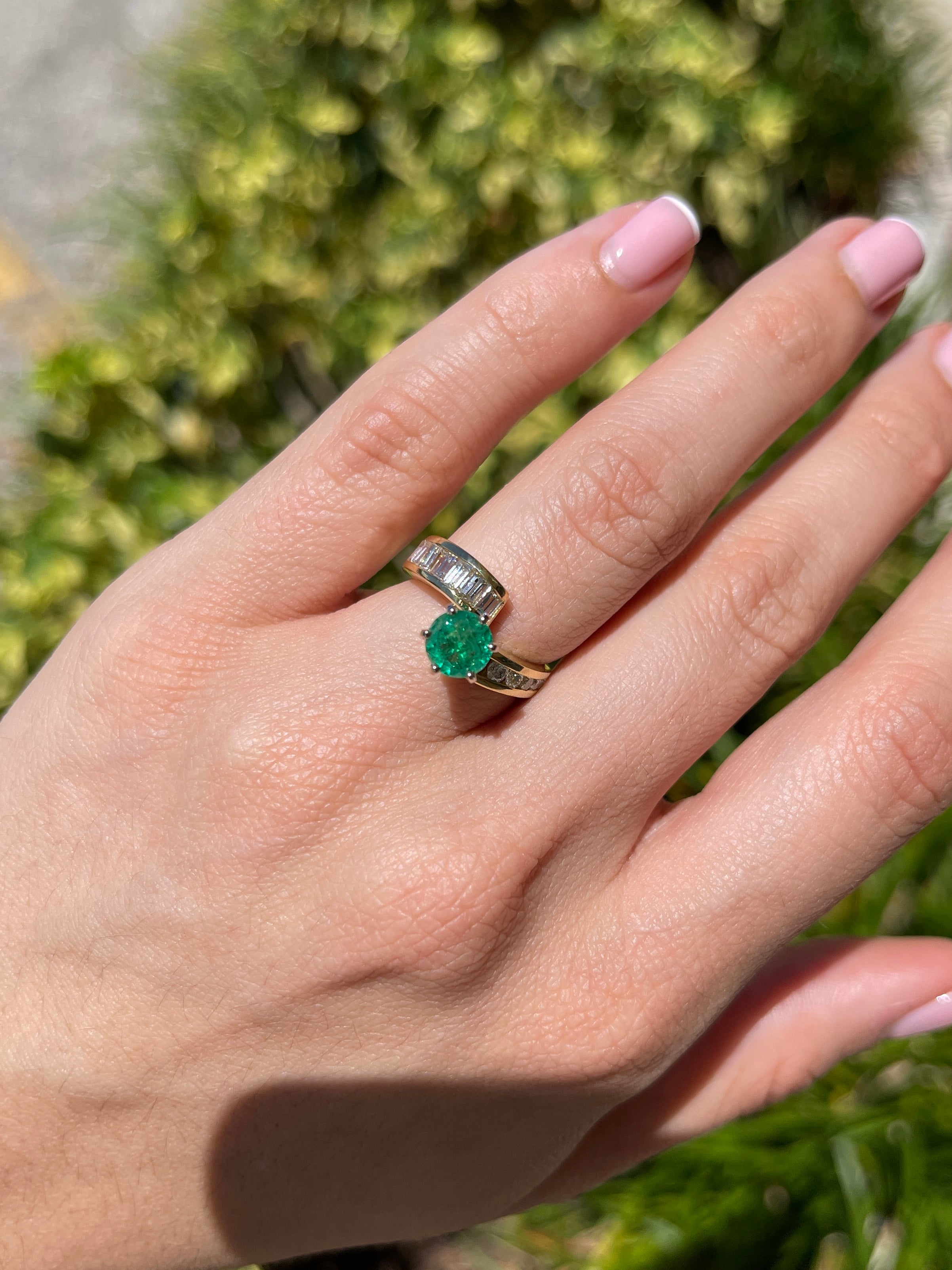 2.52tcw 18K Natural Round Emerald & Baguette Round Diamond Accent Right Hand Ring - JR Colombian Emeralds