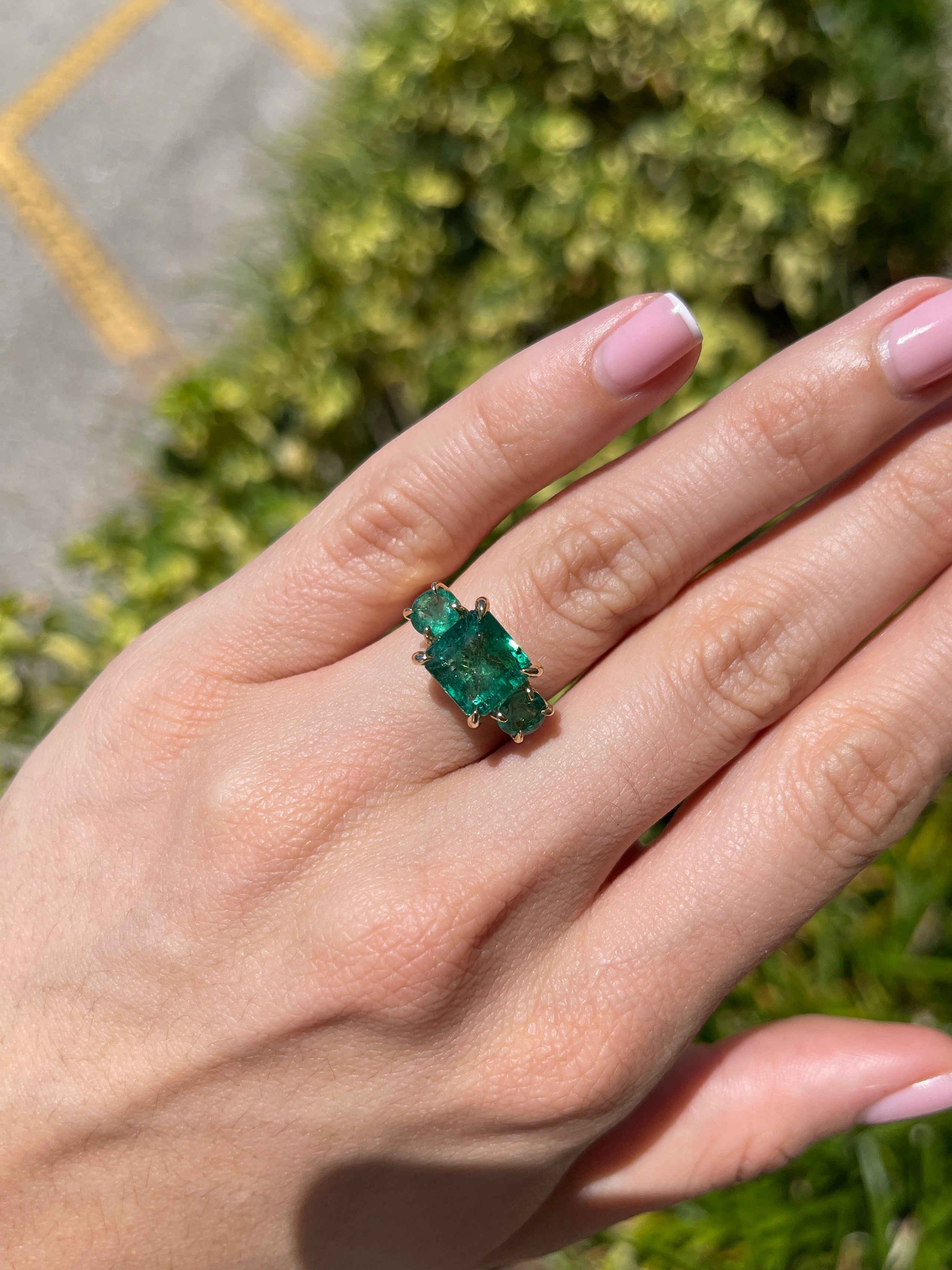 5.80tcw 14K Rich Green Natural Emerald All Emerald Three Stone Ring - JR Colombian Emeralds