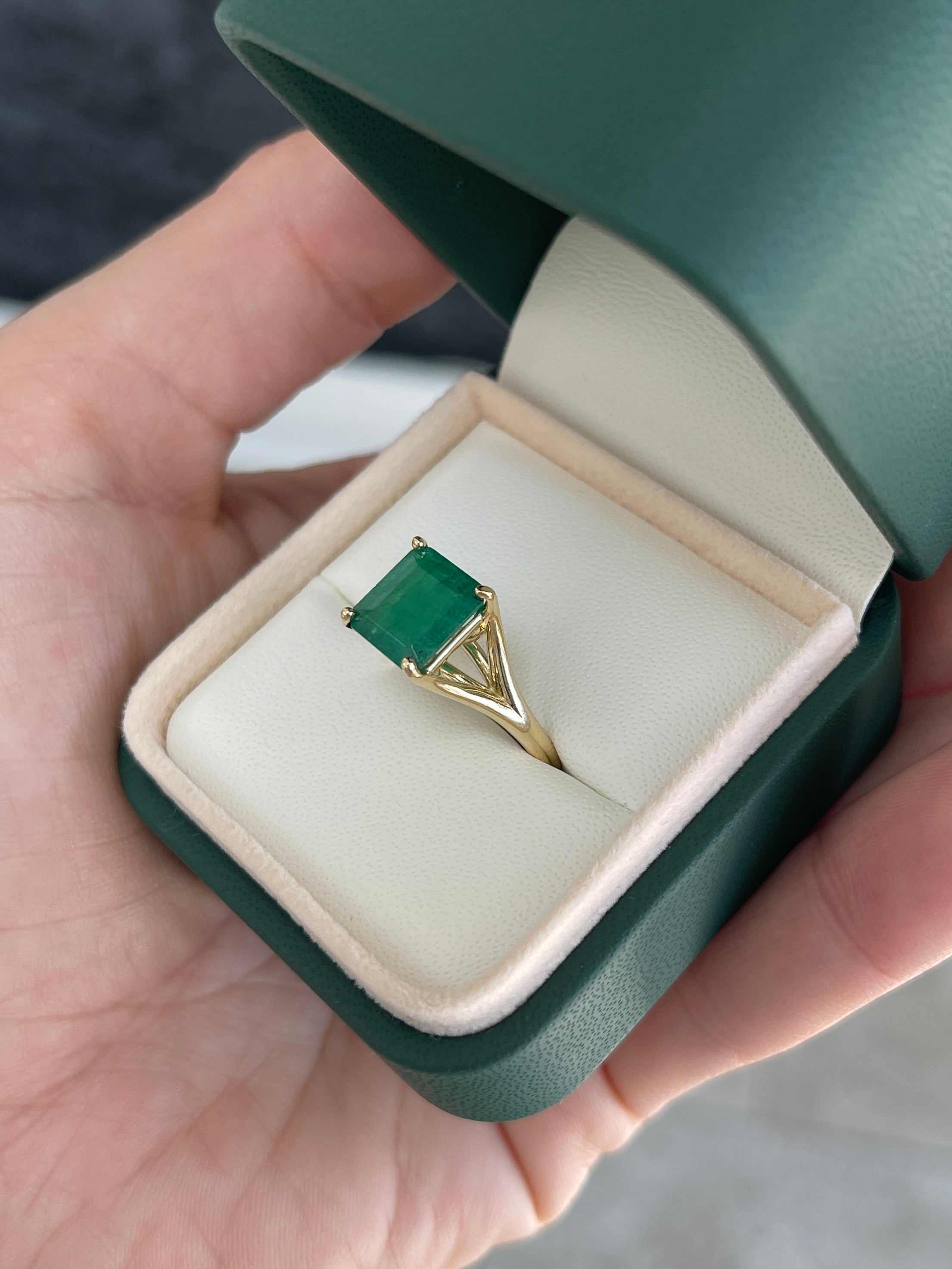 2.20ct 14K Mossy Green Asscher Cut Solitaire Split Shank Right Hand Ring - JR Colombian Emeralds