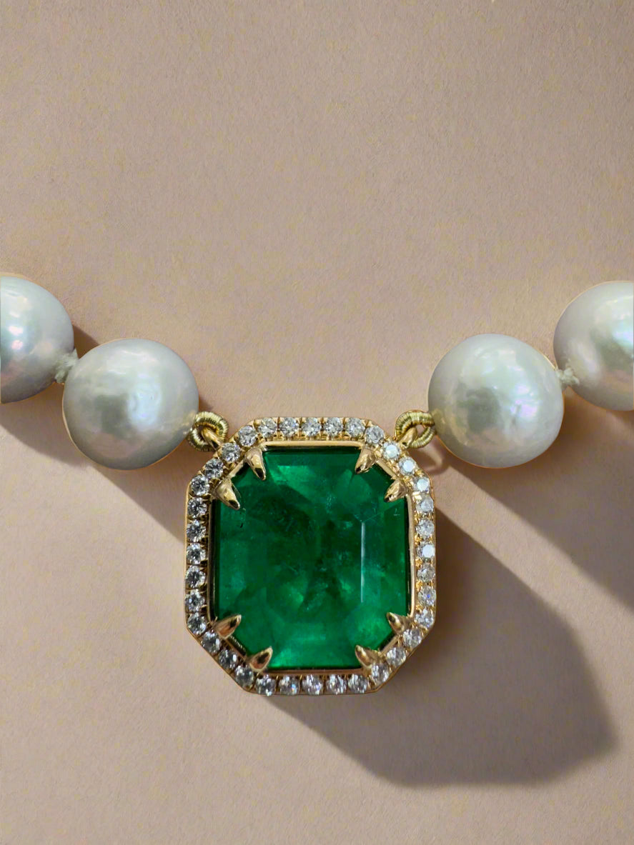 7.82 Carat Colombian Emerald & Diamond Halo Akoya Pearl 18K Necklace