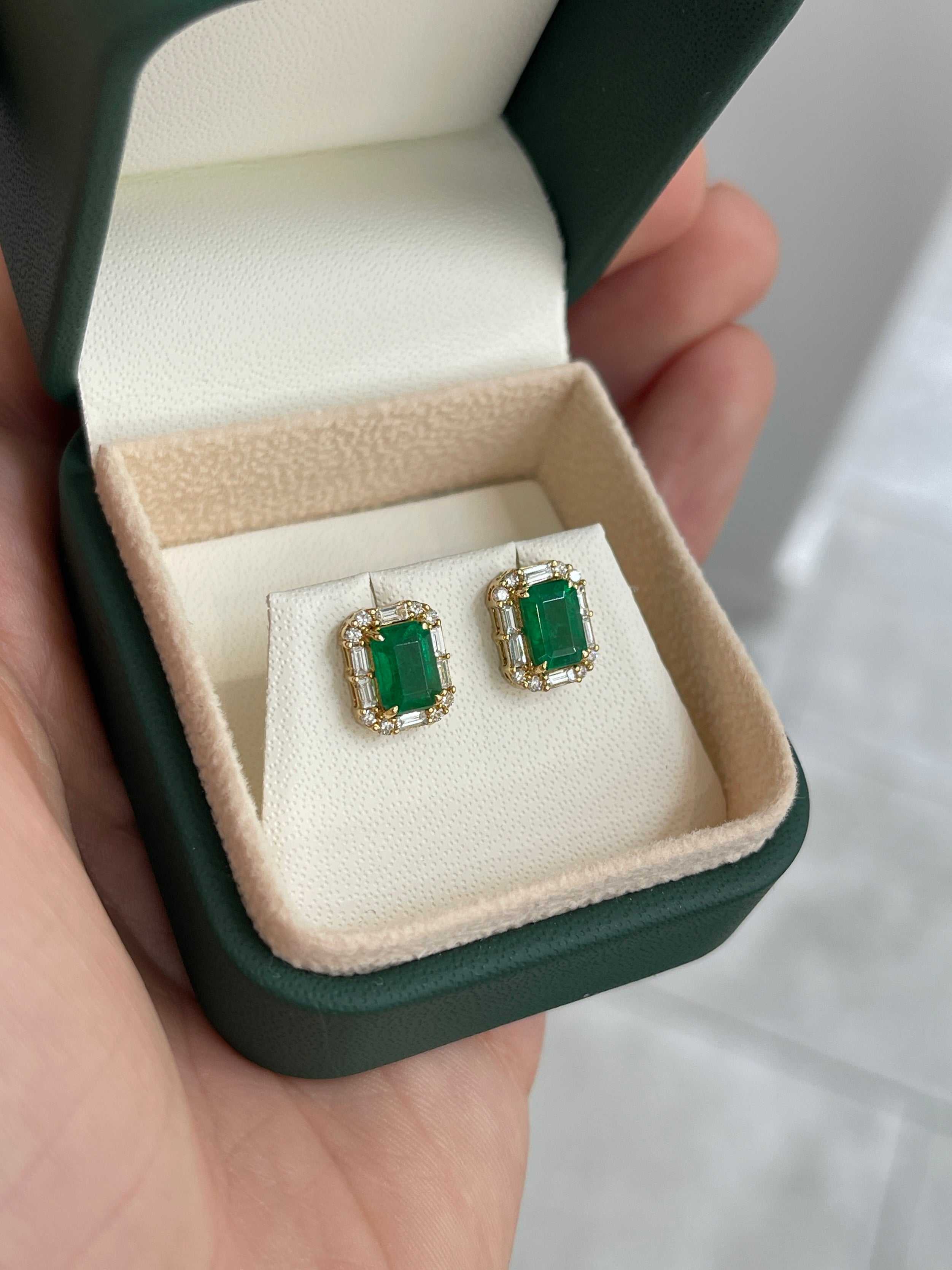 2.36tcw 18K Rich Green Emerald & Baguette Diamond Halo Stud Earrings - JR Colombian Emeralds