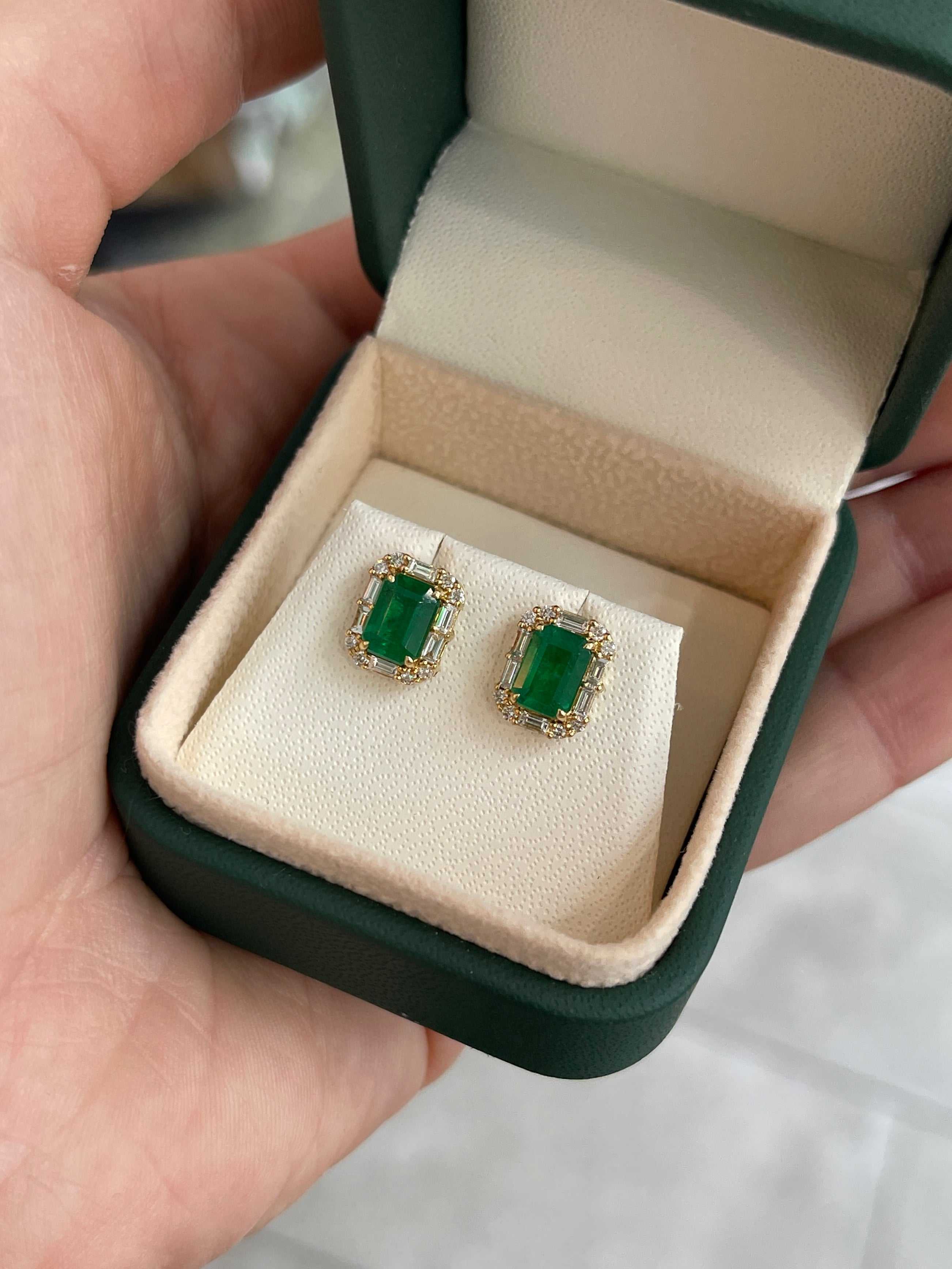 2.36tcw 18K Rich Green Emerald & Baguette Diamond Halo Stud Earrings - JR Colombian Emeralds