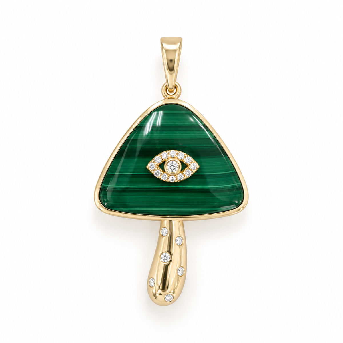 15.45tcw 14K Natural Malachite & Diamond Mushroom Evil Eye Pendant Necklace