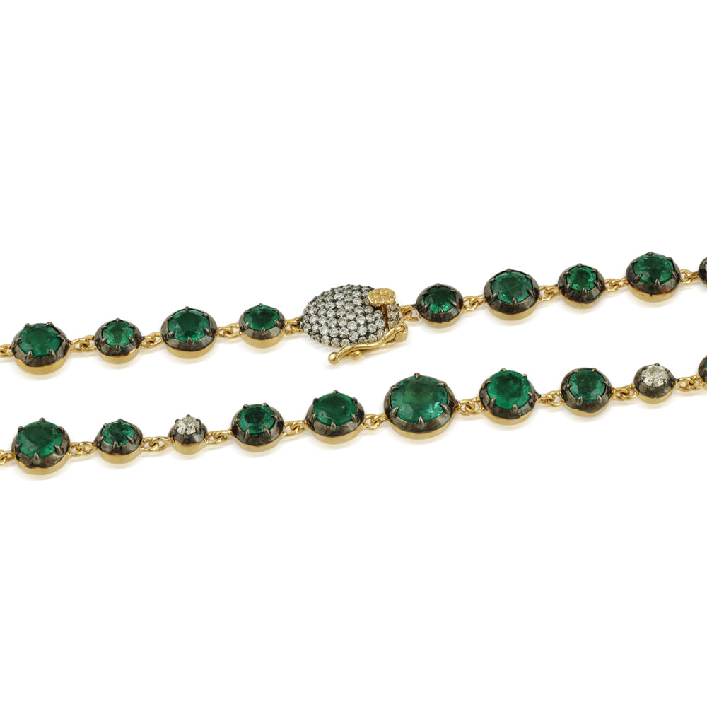 15.42tcw 18K Statement Emerald & Diamond Alternating Button Back Gold Tennis Necklace