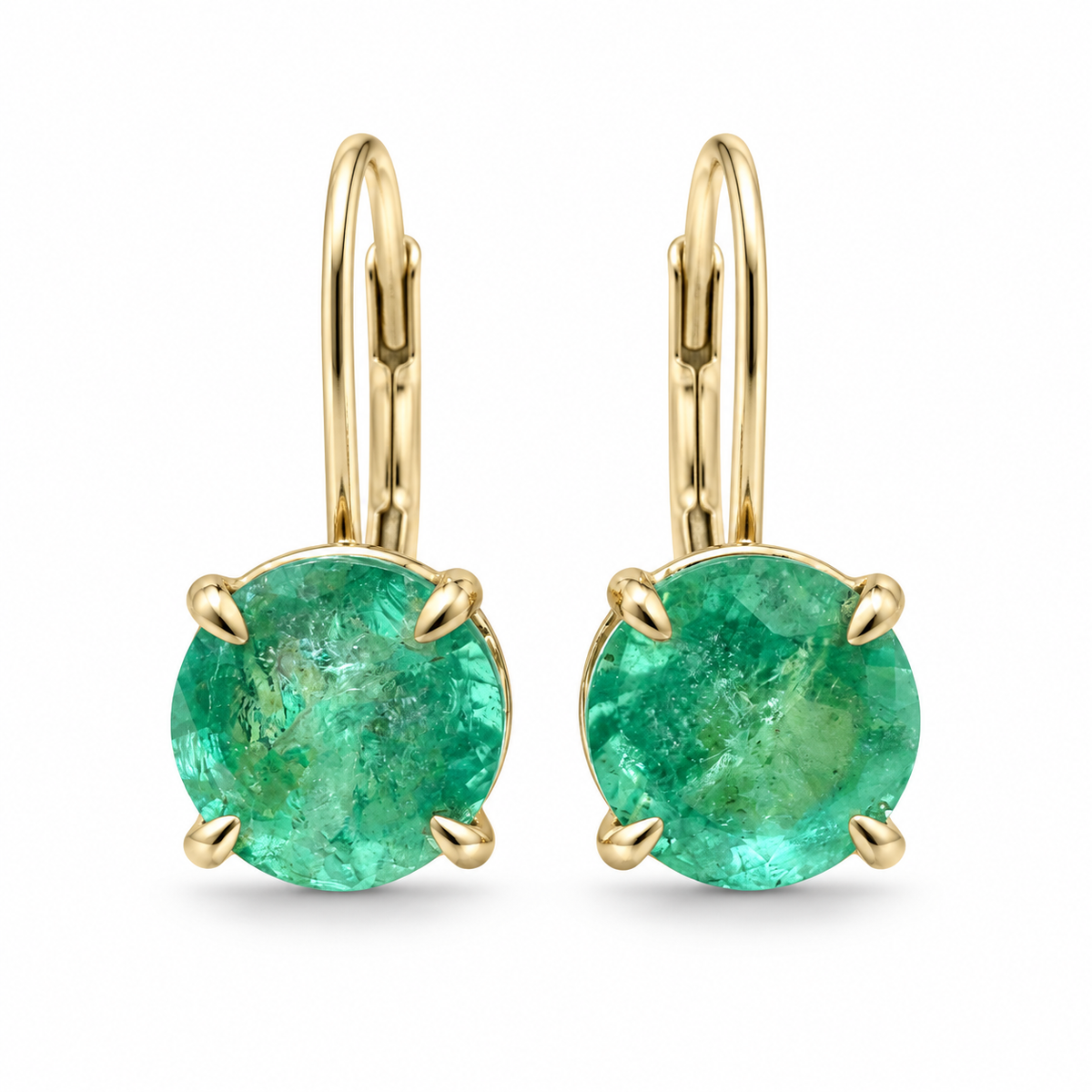 Natural aqua emerald lever back earrings featuring 1.50tcw round emeralds set in 14K gold by JR Colombian Emeralds.