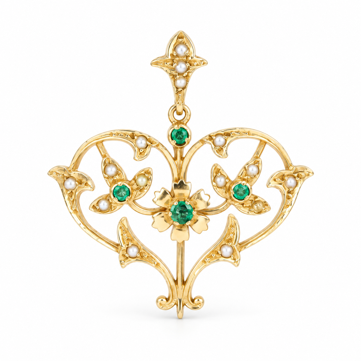 Victorian Colombian Emerald & Seed Pearl Heart Shaped Pendant 14K